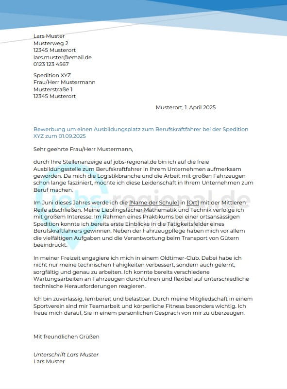Bewerbung Berufskraftfahrer Vorlage Muster