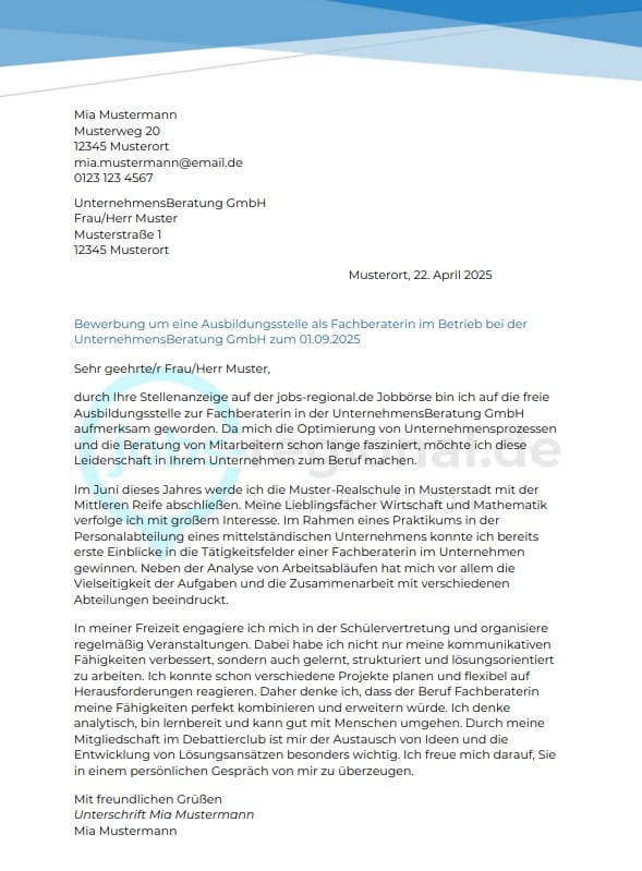 Bewerbung Fachberater/in Vorlage Muster