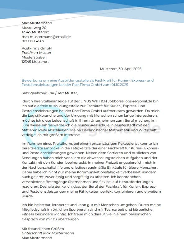 Bewerbung Fachkraft Kurier-, Express- und Postdienstleistungen Vorlage Muster