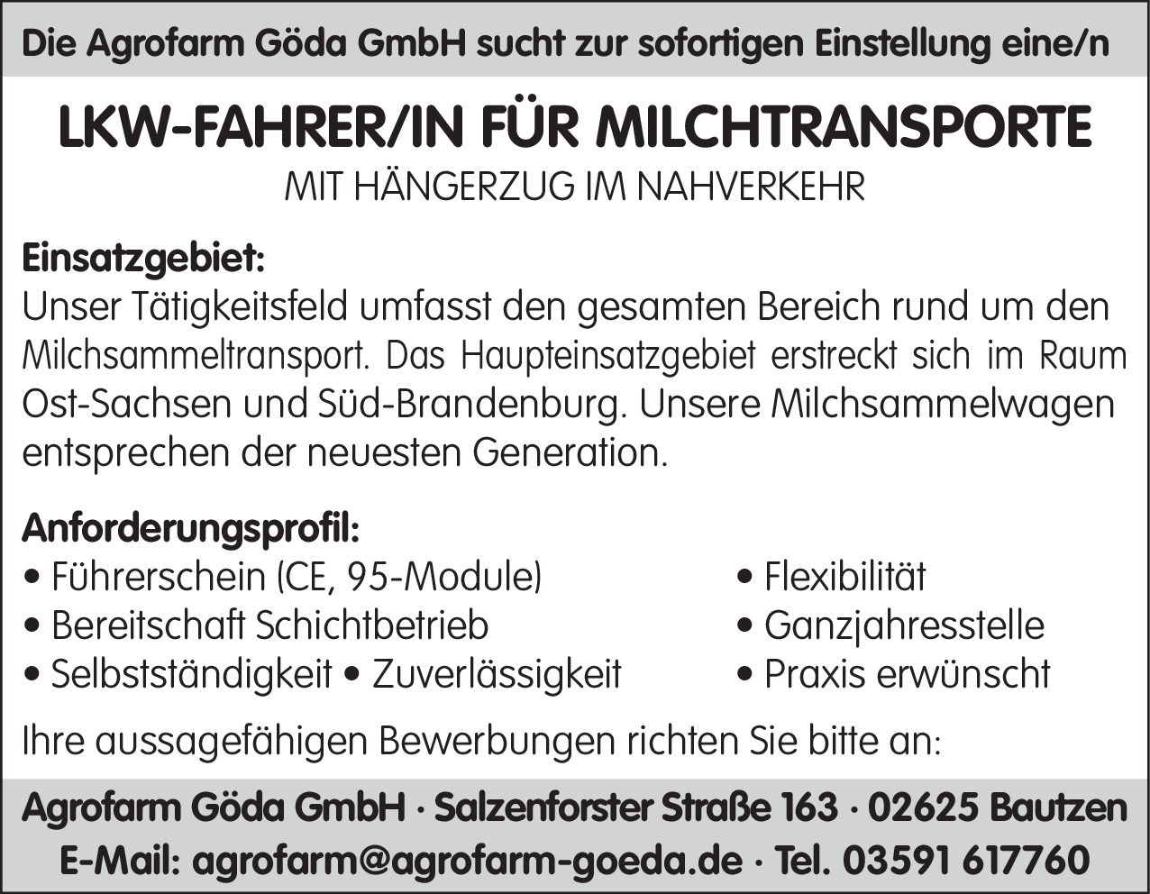 LKW-Fahrer/in für Milchtransporte (m/w/d)