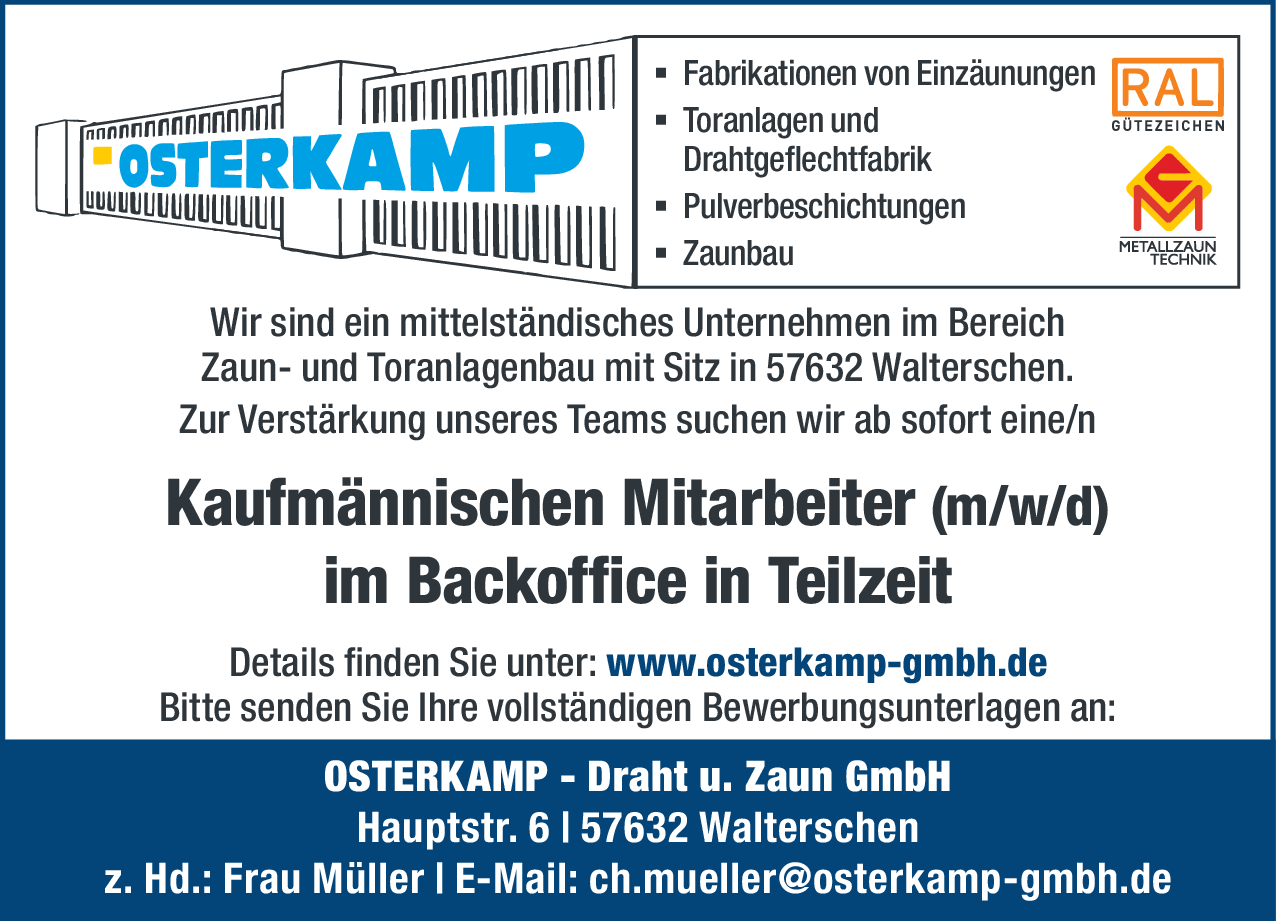 Kaufmännischen Mitarbeiter (m/w/d) im Backoffice in Teilzeit