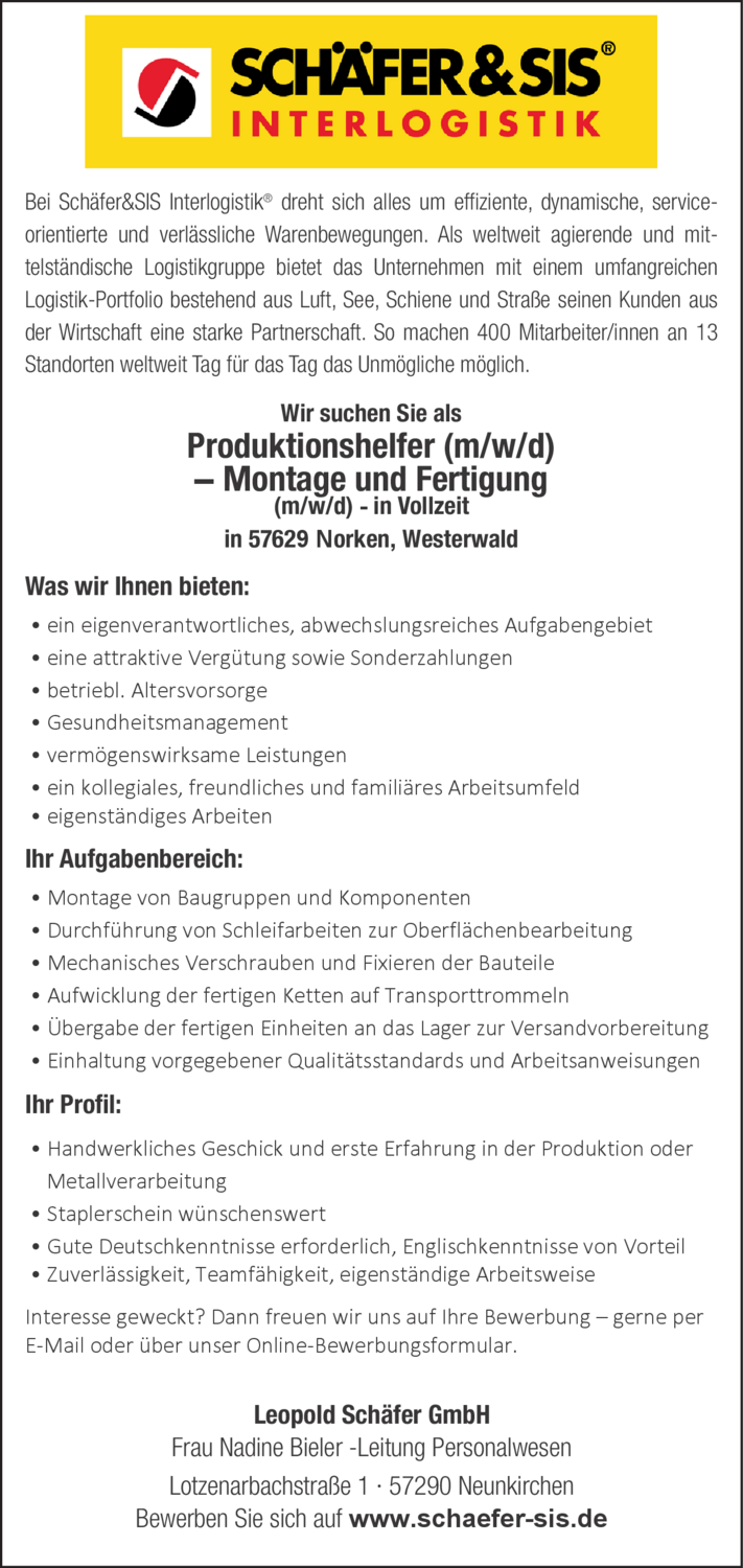 Produktionshelfer (m/w/d) – Montage und Fertigung