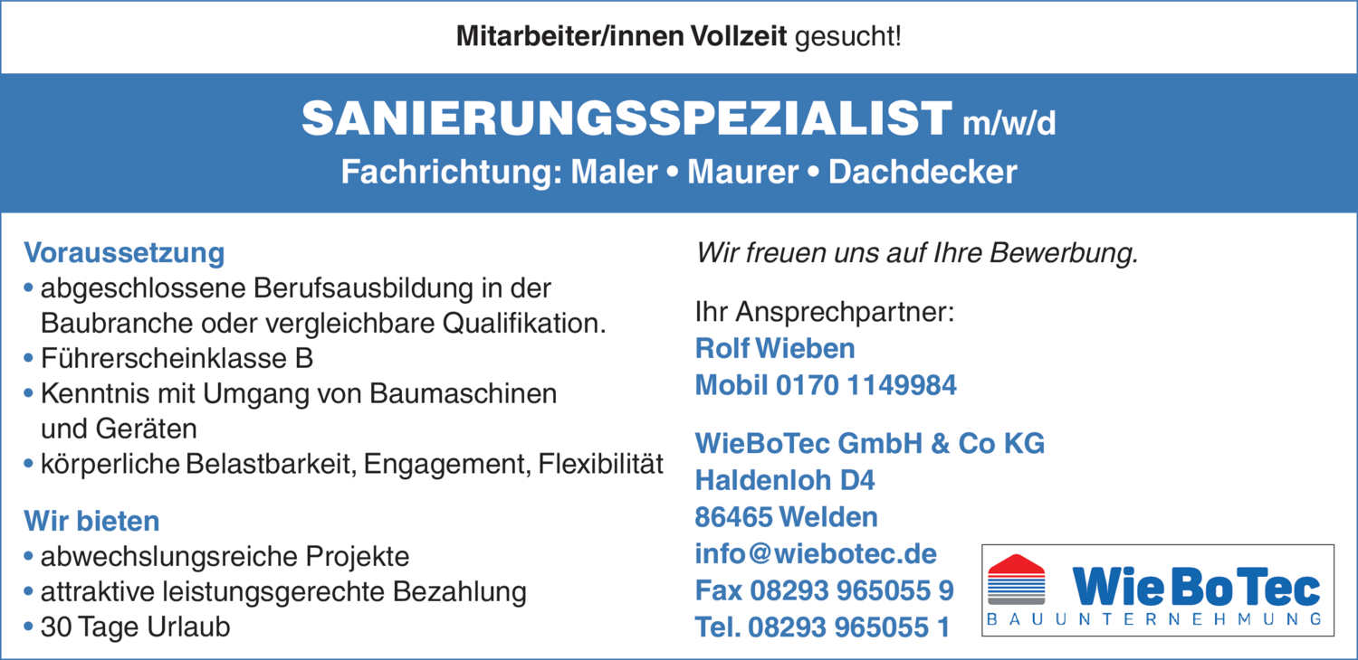Sanierungsspezialist (m/w/d) Fachrichtung: Dachdecker