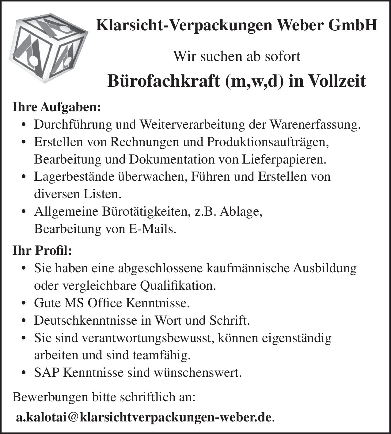 Bürofachkraft (m/w/d) in Vollzeit