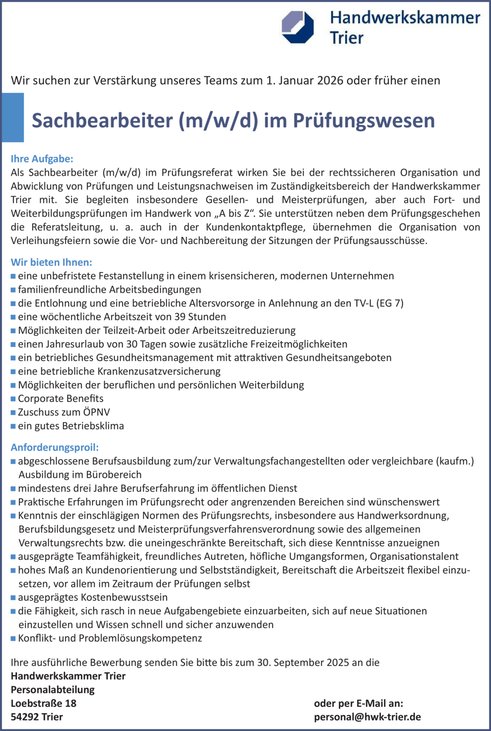 Sachbearbeiter (m/w/d) im Prüfungswesen
