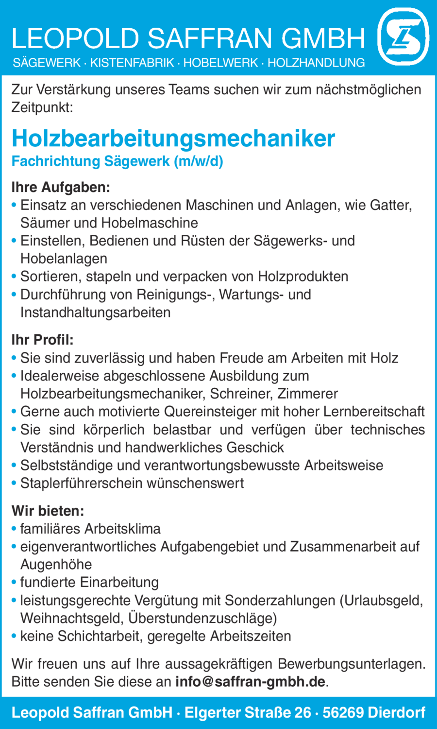 Holzbearbeitungsmechaniker Fachrichtung Sägewerk (m/w/d)
