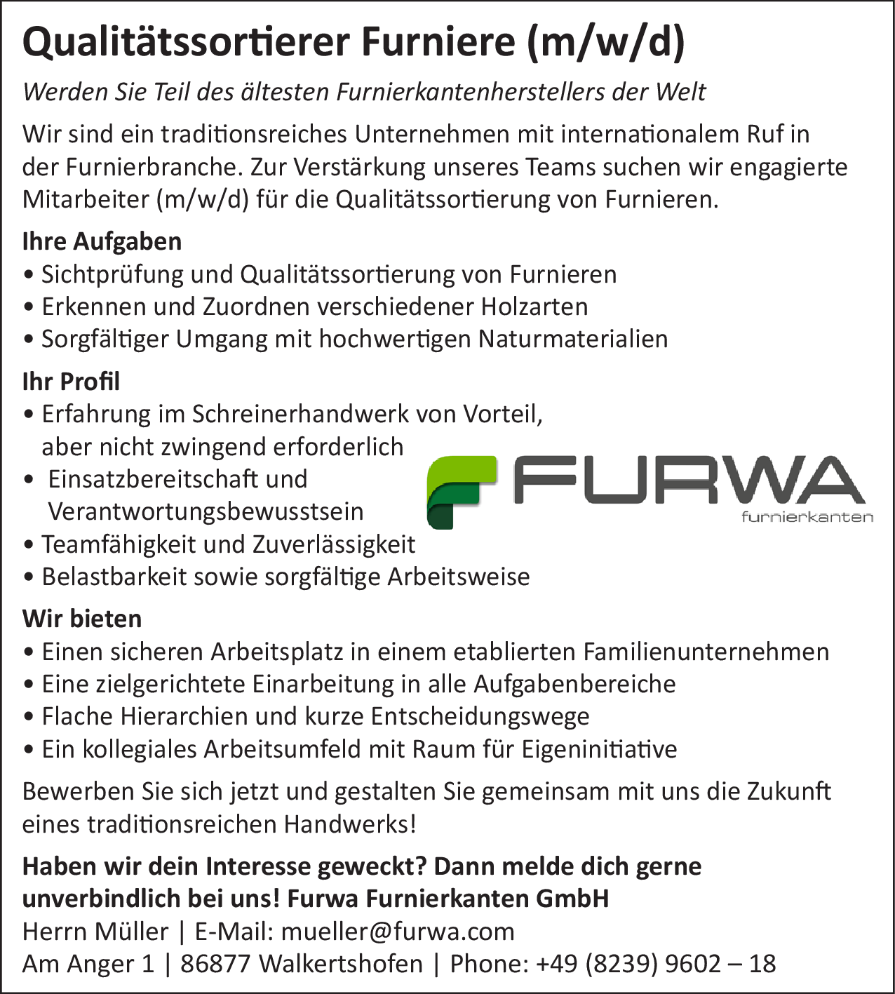 Qualitätssortierer Furniere (m/w/d)