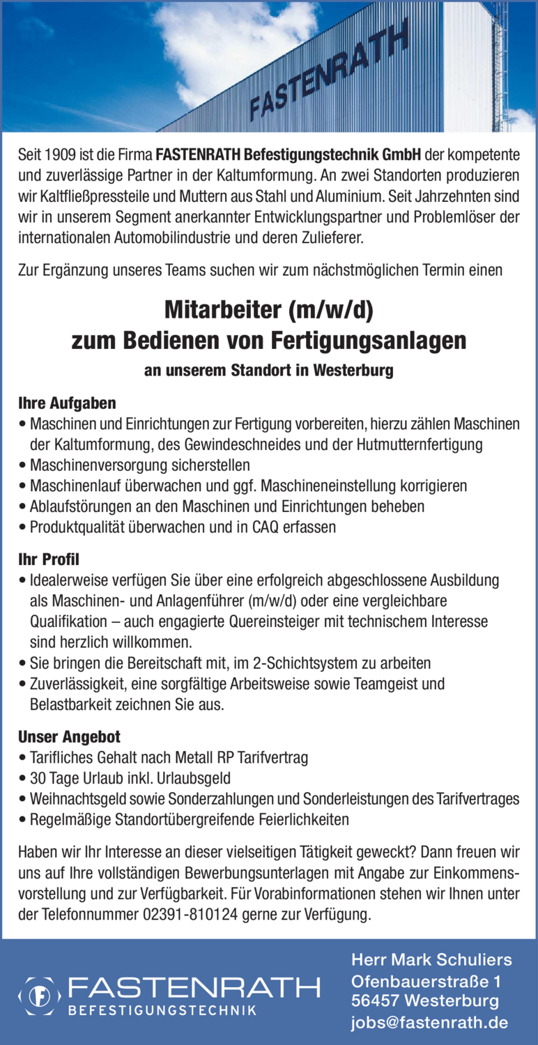 Mitarbeiter (m/w/d) zum Bedienen von Fertigungsanlagen