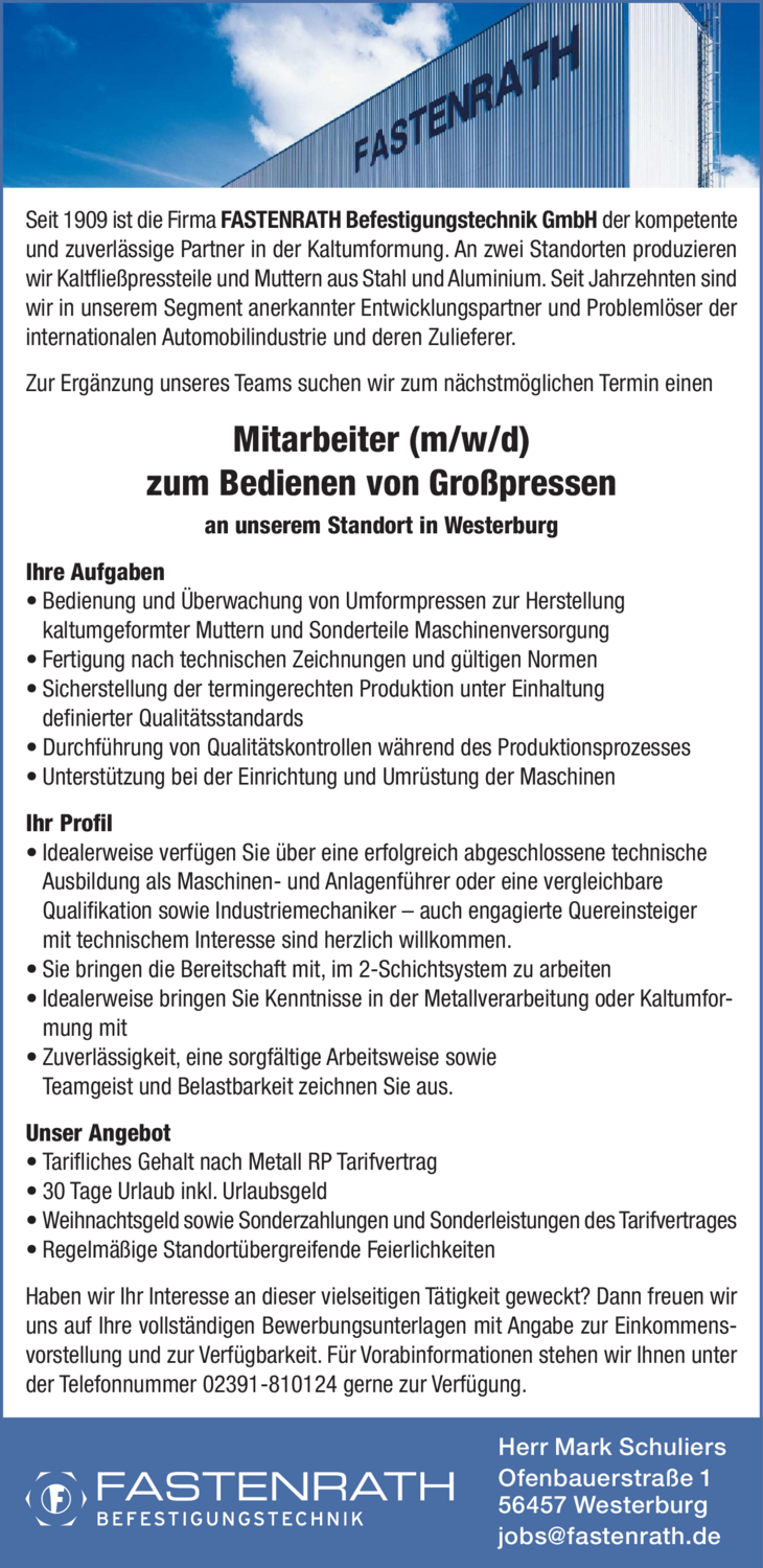 Mitarbeiter (m/w/d) zum Bedienen von Großpressen