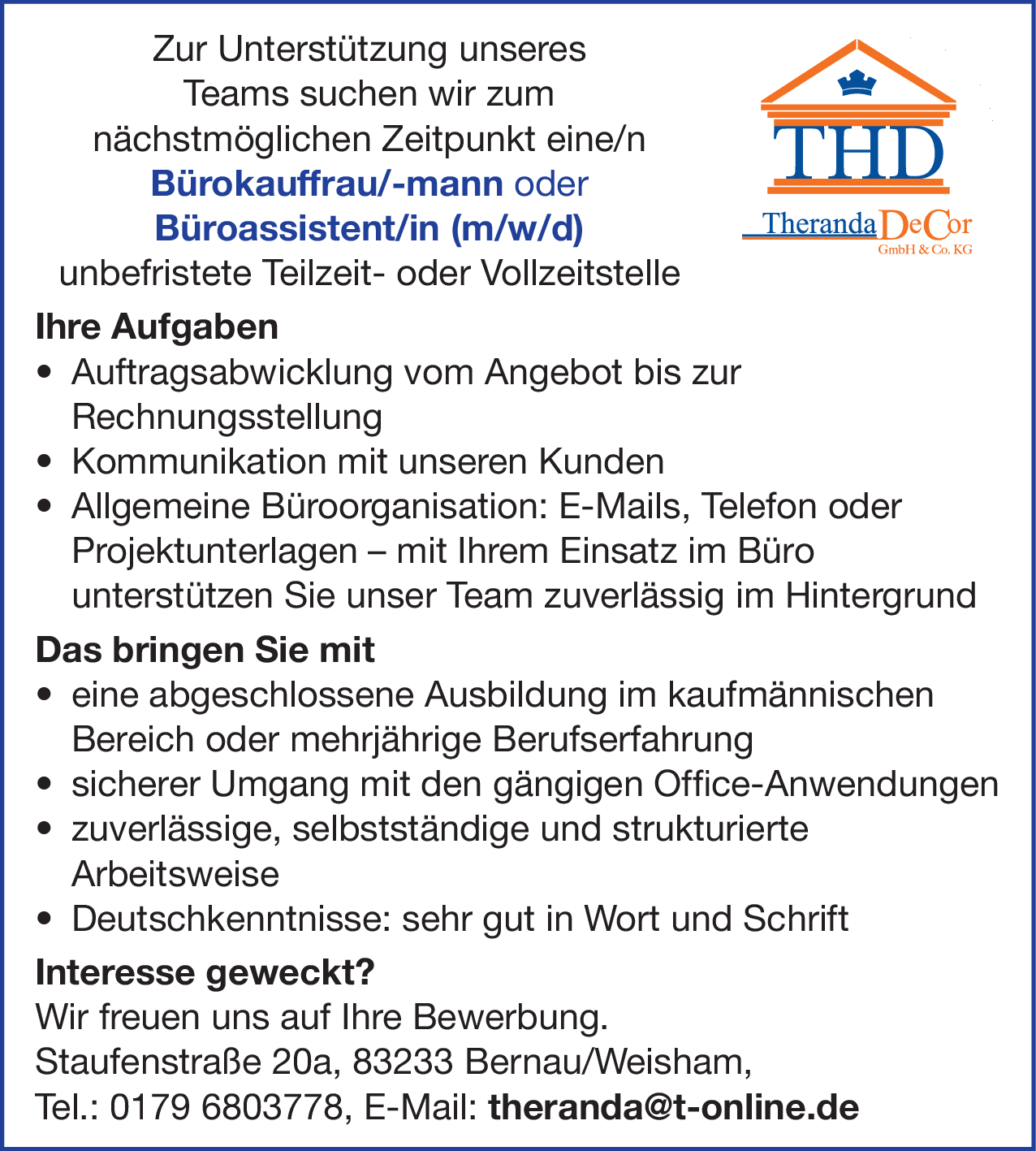 Bürokauffrau/-mann (m/w/d)