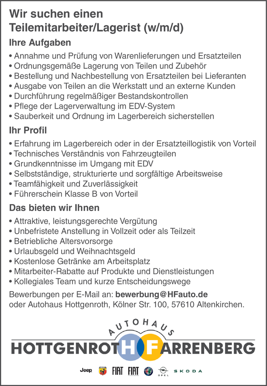 Teilemitarbeiter/Lagerist (w/m/d)