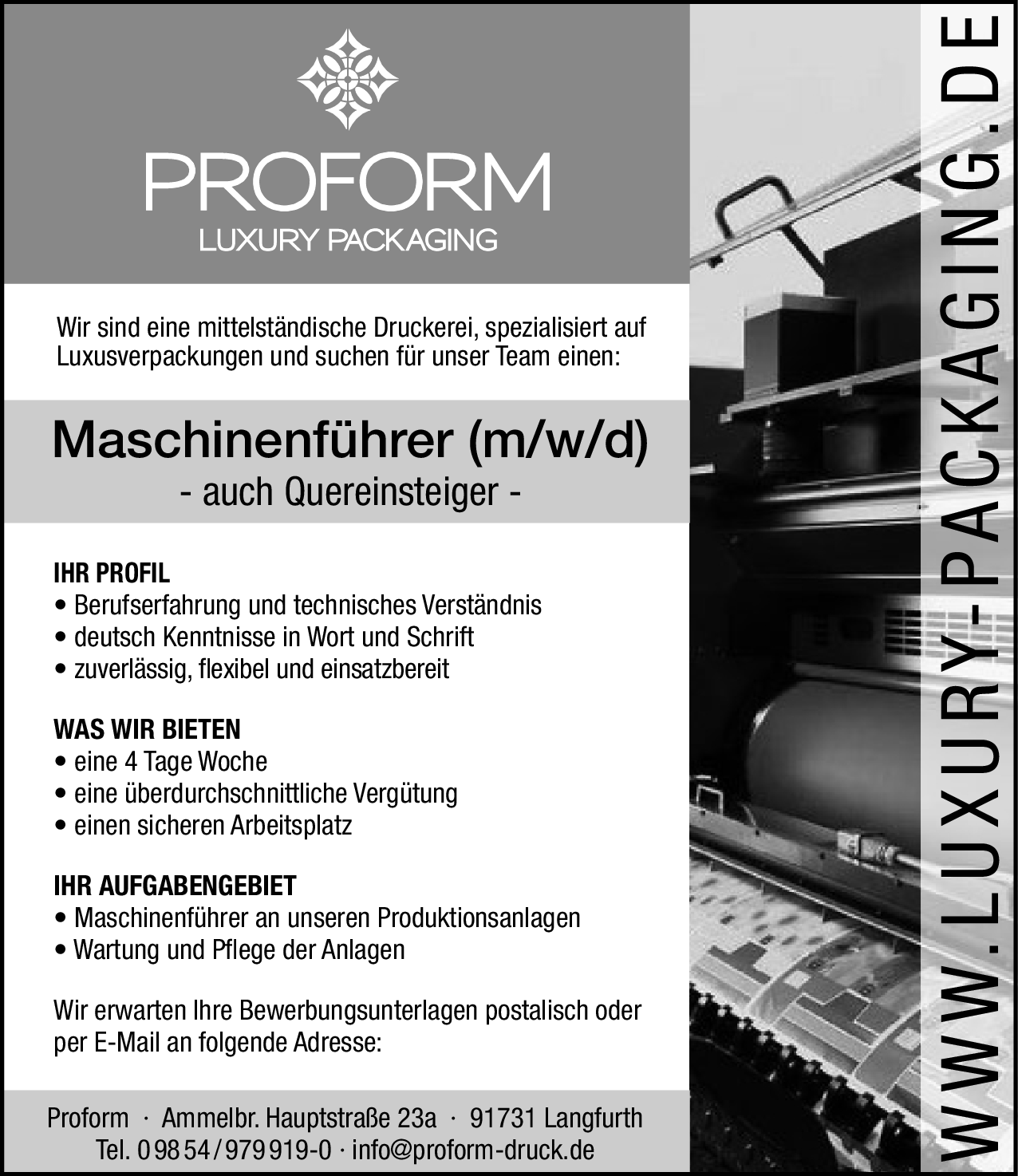 Maschinenführer (m/w/d) - auch Quereinsteiger