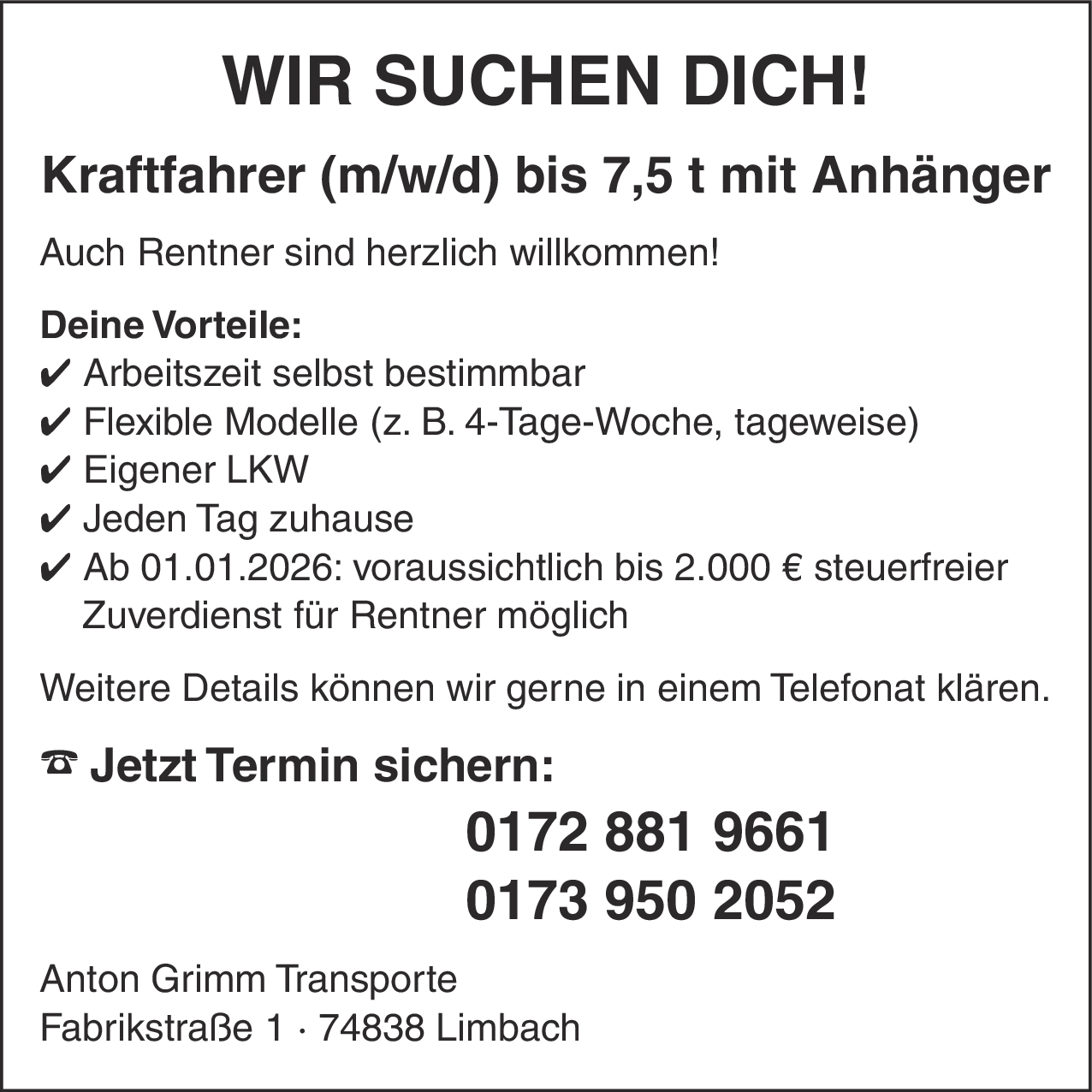 Kraftfahrer (m/w/d) bis 7,5 t mit Anhänger