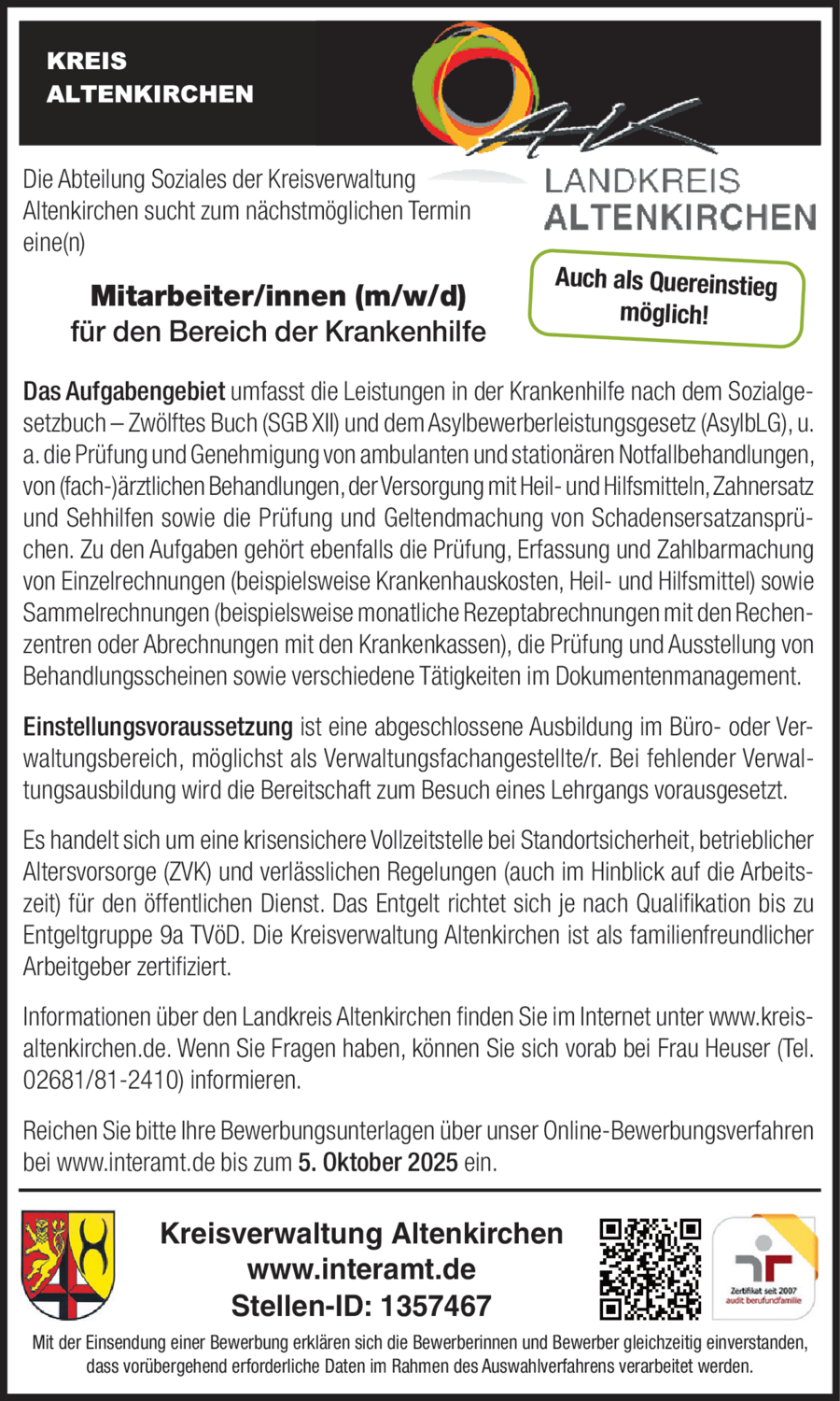 Mitarbeiter/in (m/w/d) für den Bereich der Krankenhilfe