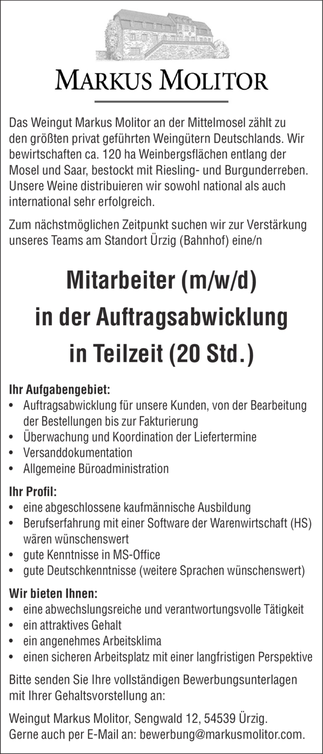 Mitarbeiter (m/w/d) in der Auftragsabwicklung