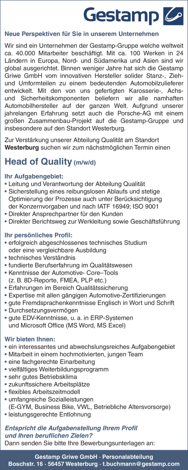 Head of Quality (m/w/d)