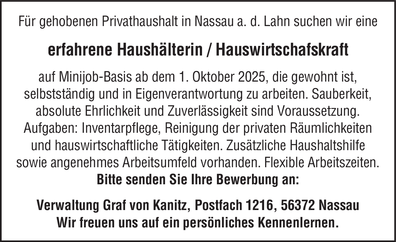 Erfahrene Haushälterin / Hauswirtschaftskraft