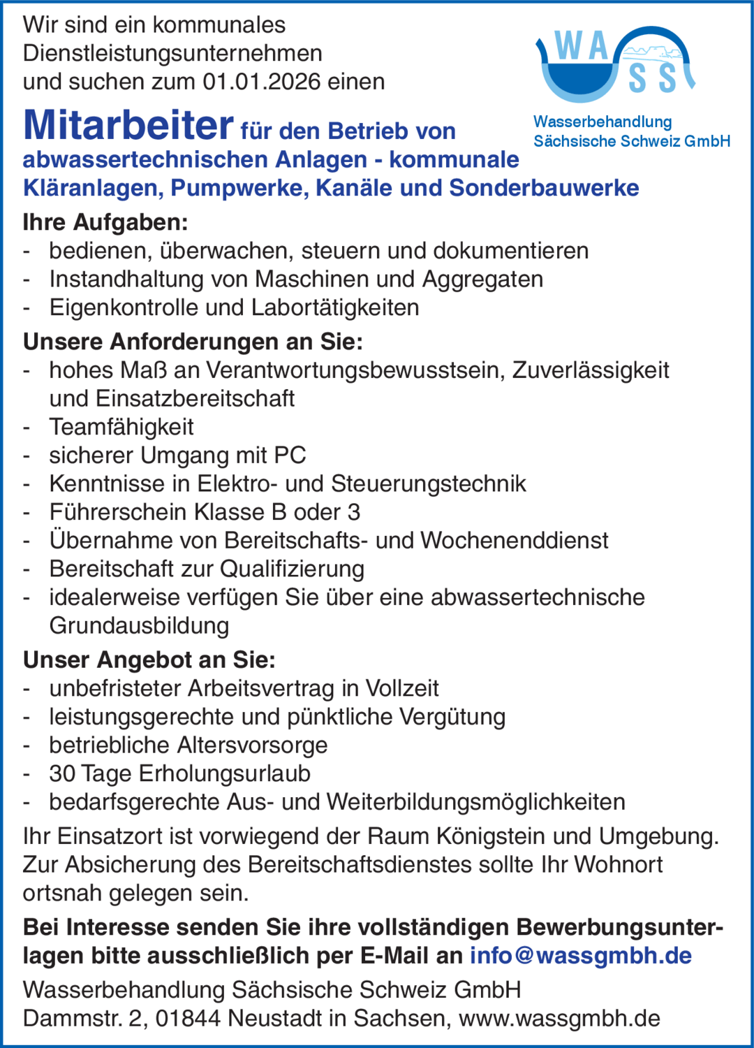 Mitarbeiter für den Betrieb von abwassertechnischen Anlagen (m/w/d)
