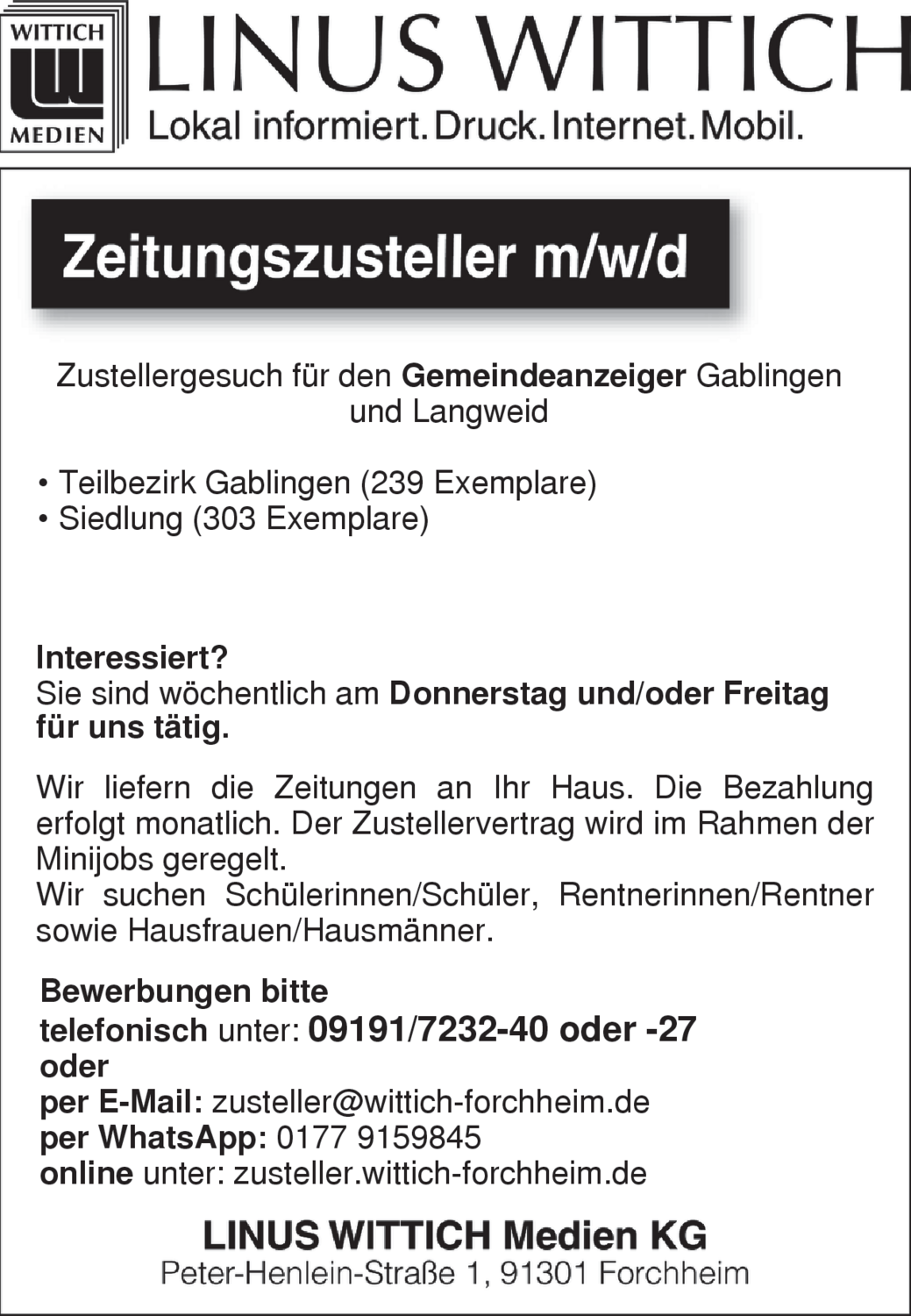 Zeitungszusteller (m/w/d)