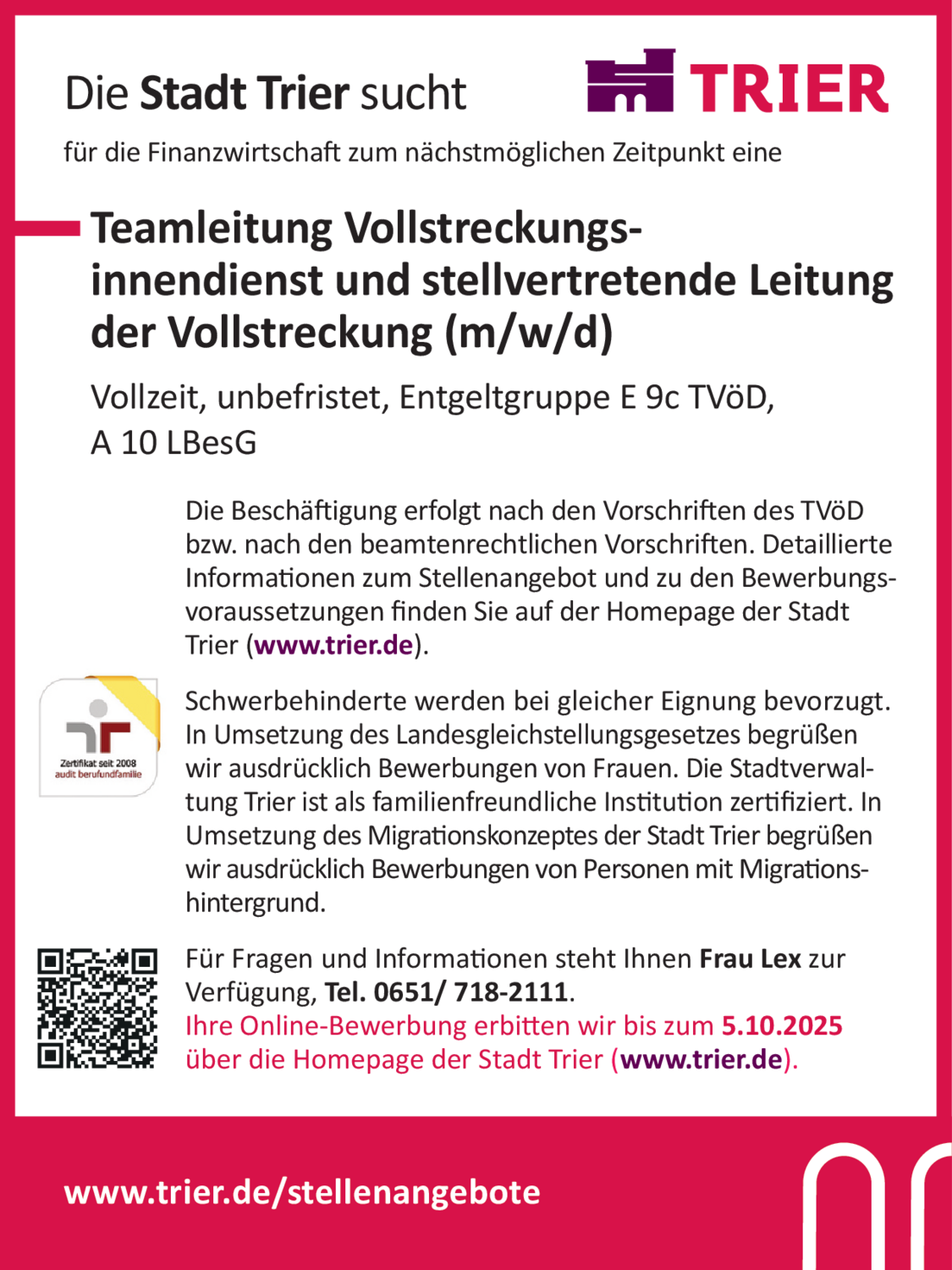 Teamleitung Vollstreckungs-innendienst und stellvertretende Leitung der Vollstreckung (m/w/d)