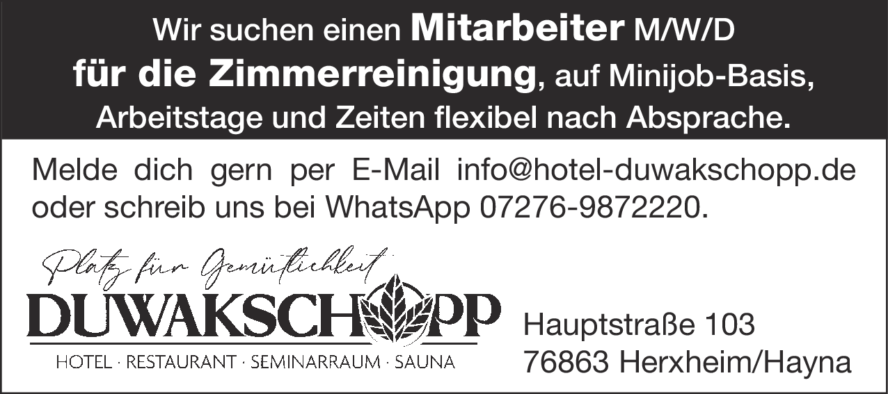 Mitarbeiter Zimmerreinigung (m/w/d)
