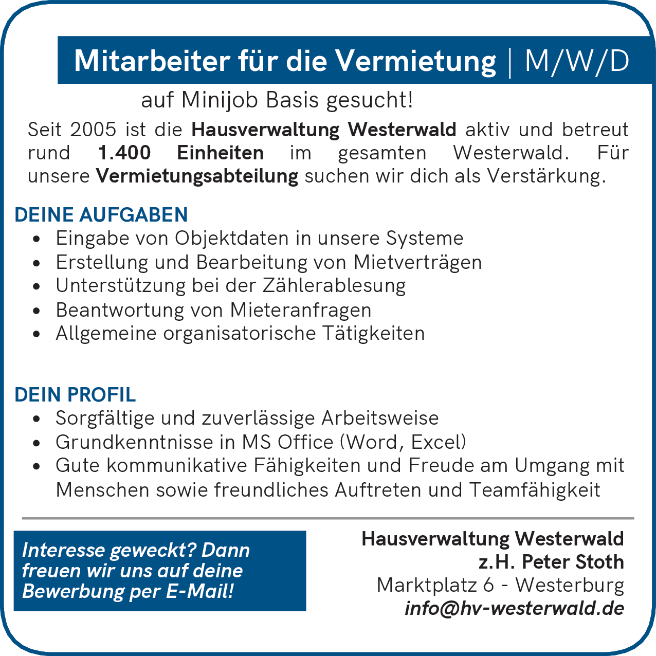 Mitarbeiter für die Vermietung (m/w/d)