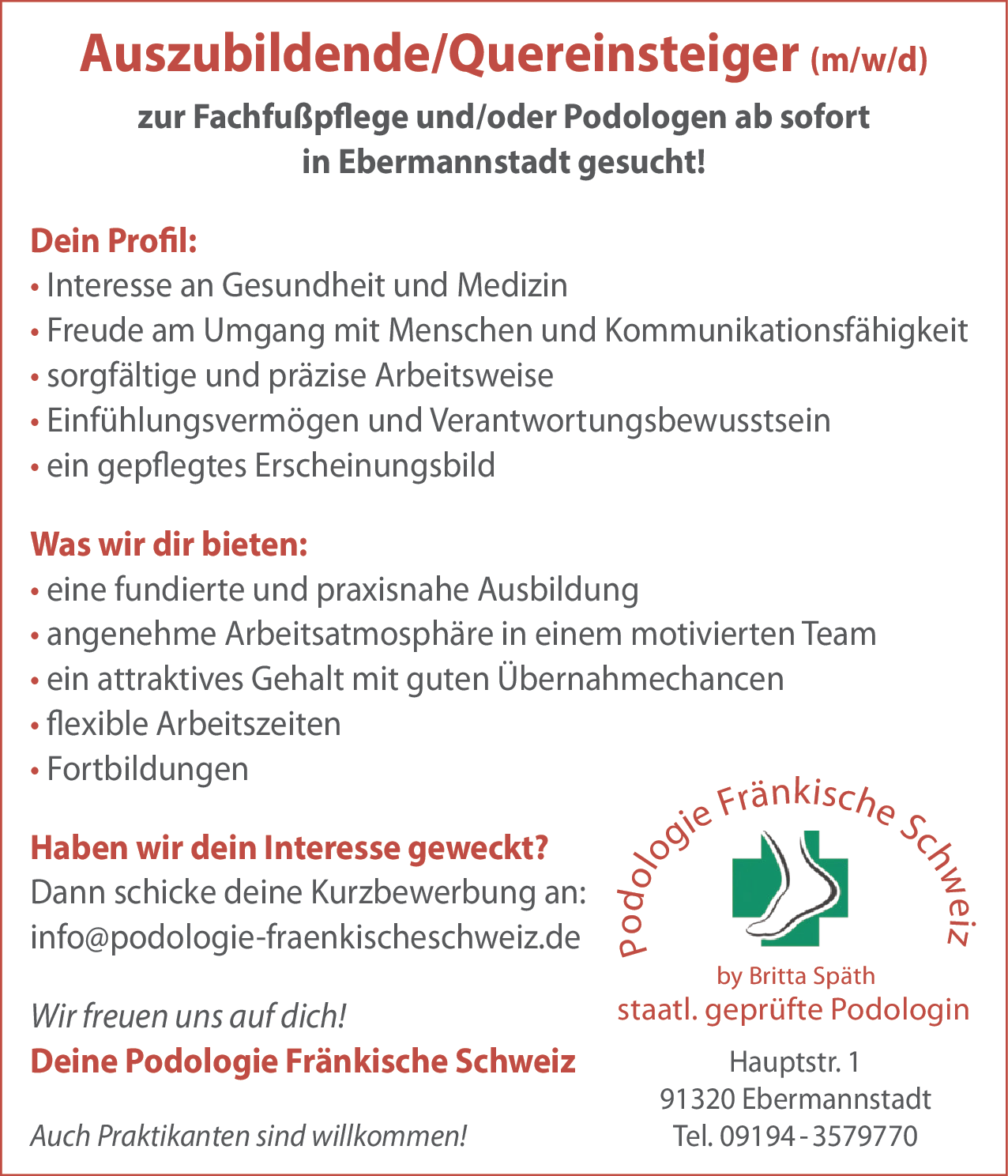 Auszubildender/Quereinsteiger zur Fachfußpflege und/oder Podologe (m/w/d)