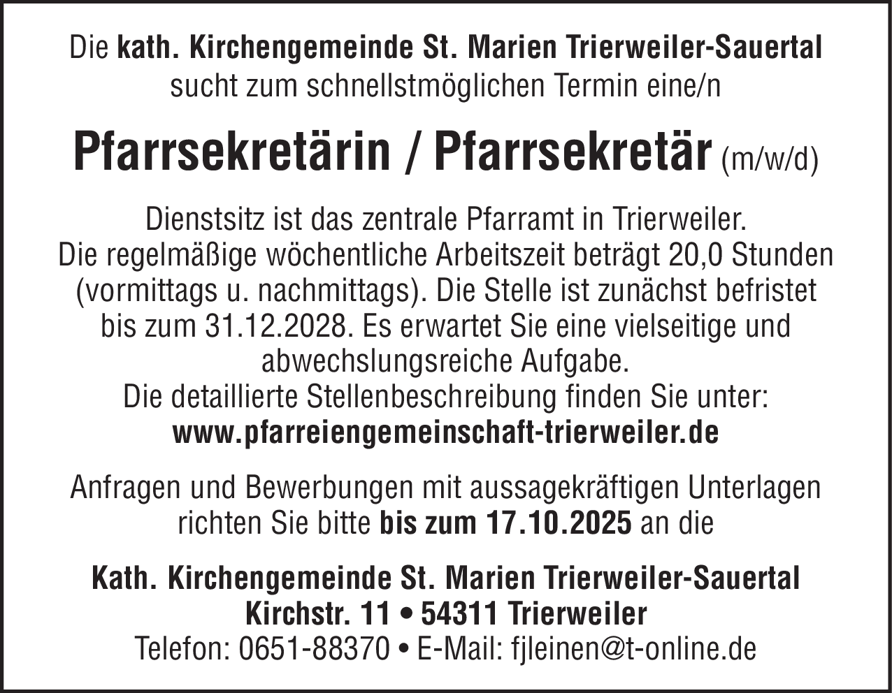 Pfarrsekretärin / Pfarrsekretär (m/w/d)