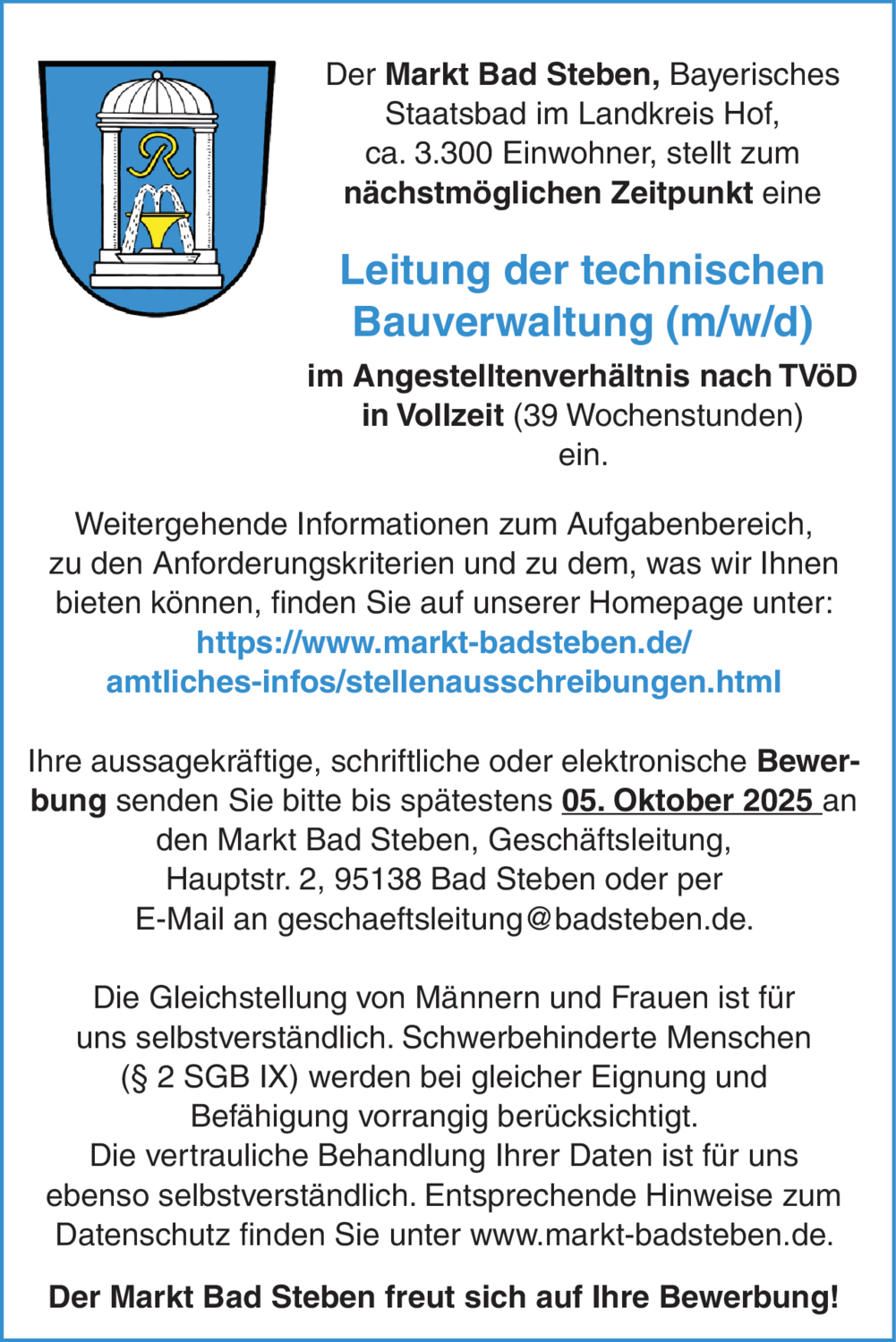 Leitung der technischen Bauverwaltung (m/w/d)