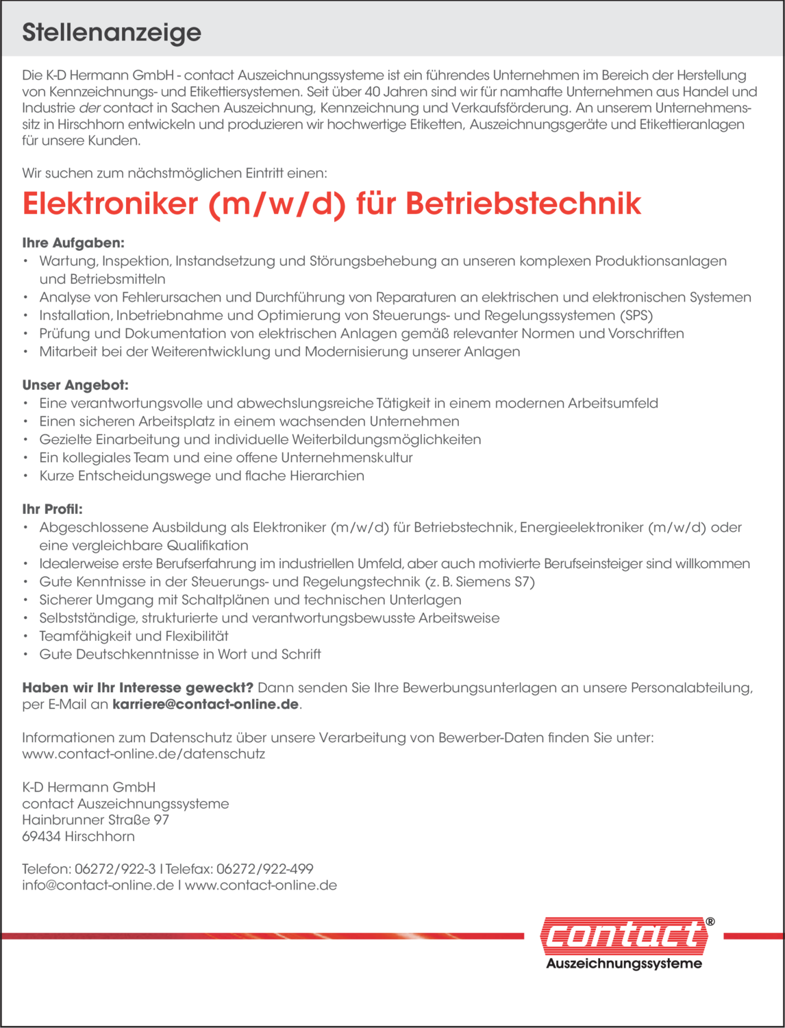 Elektroniker (m/w/d) für Betriebstechnik