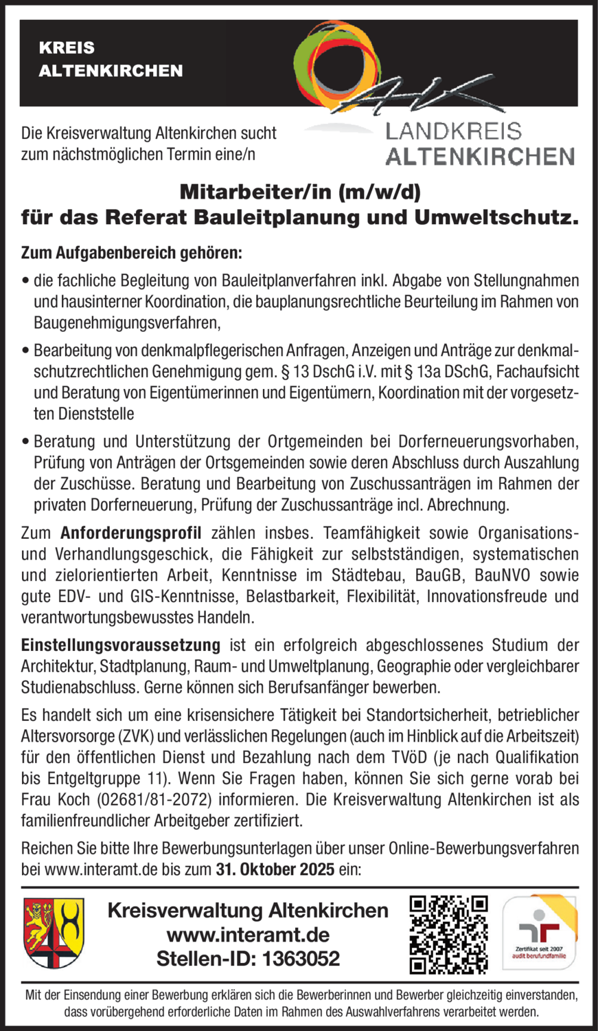Mitarbeiter/in (m/w/d) für das Referat Bauleitplanung und Umweltschutz