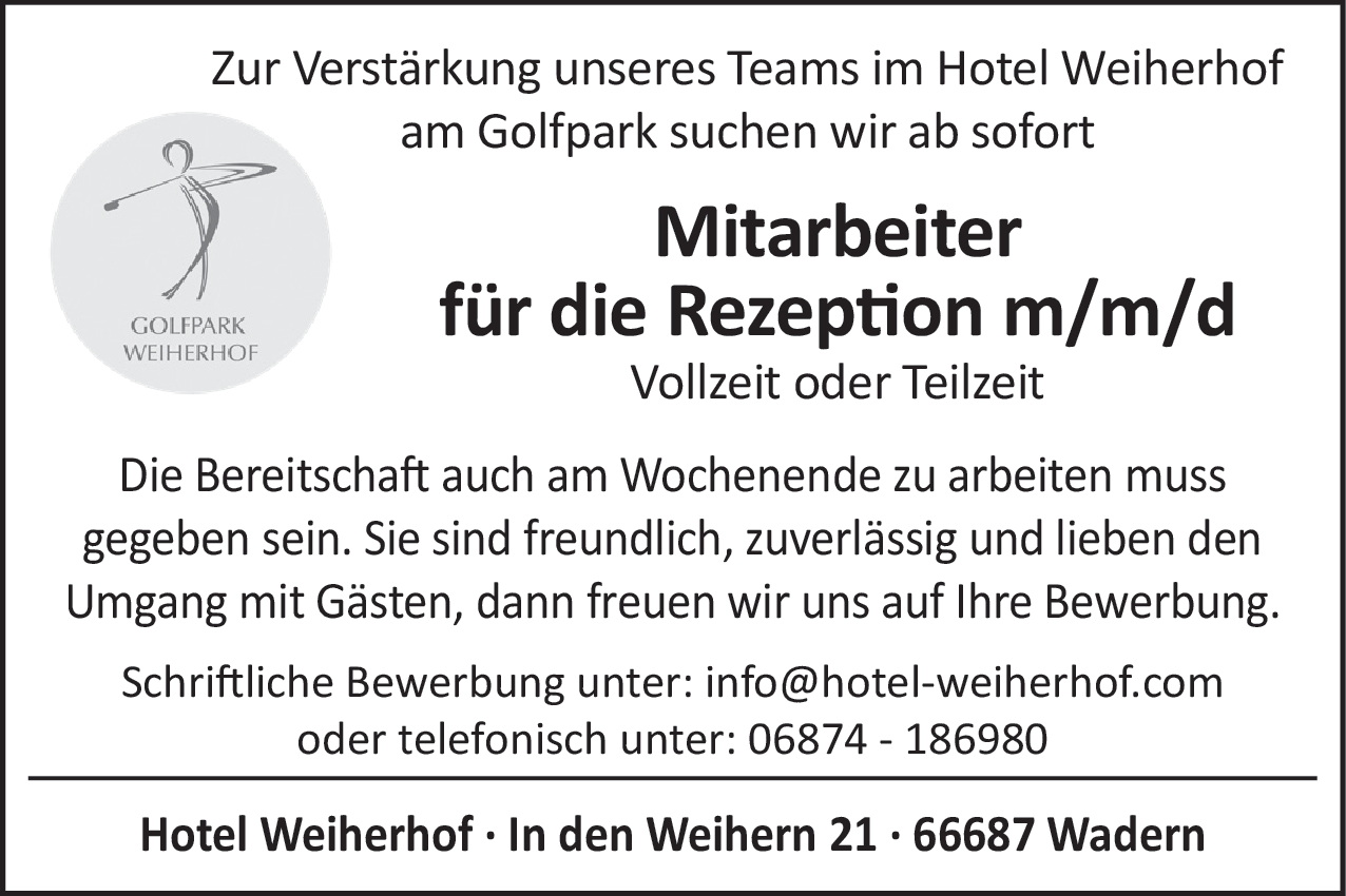Mitarbeiter für die Rezeption (m/w/d)