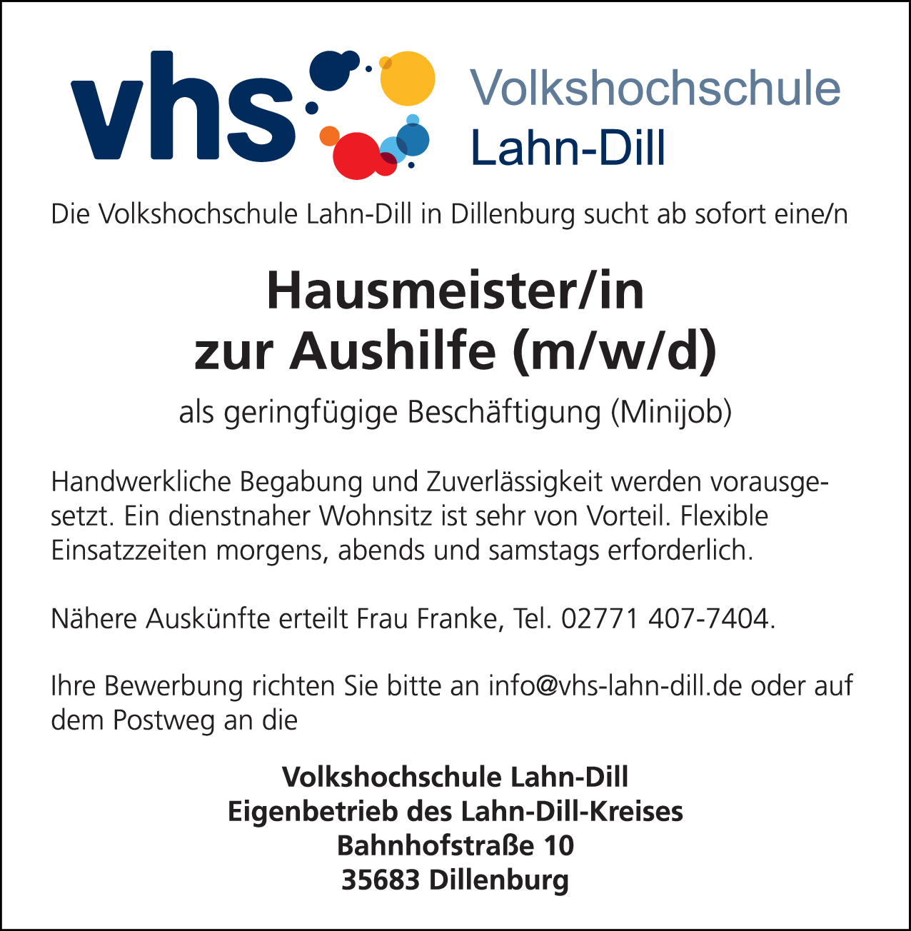 Hausmeister/in zur Aushilfe (m/w/d)