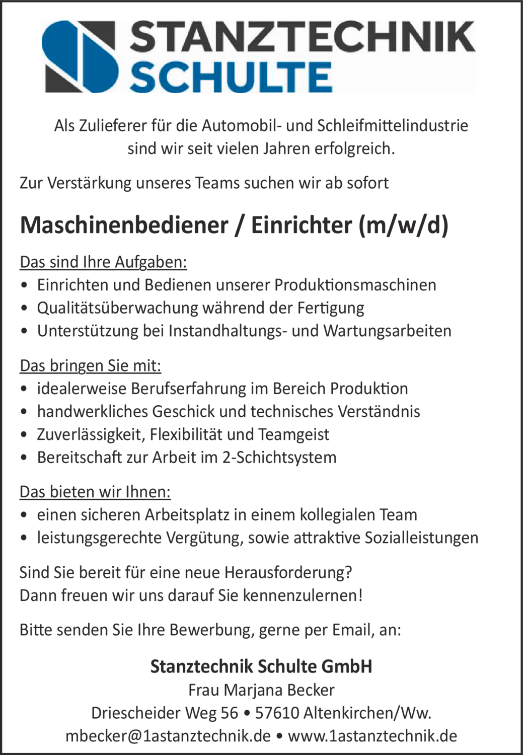 Maschinenbediener / Einrichter (m/w/d)