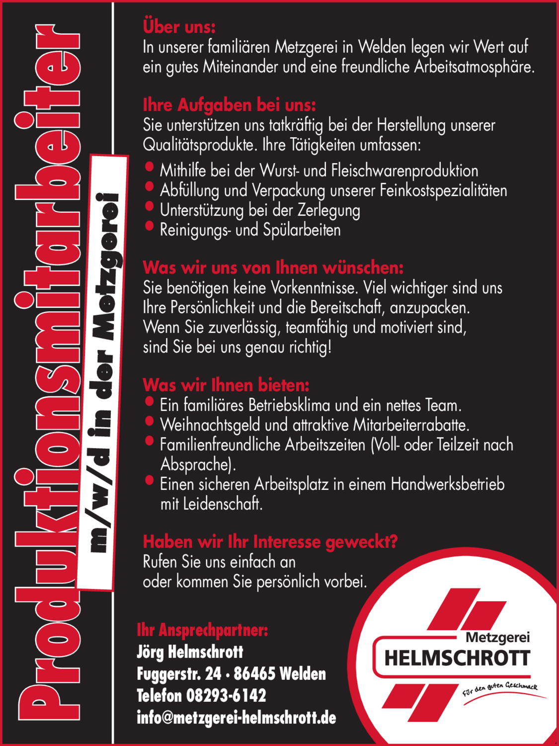 Produktionsmitarbeiter (m/w/d) in der Metzgerei