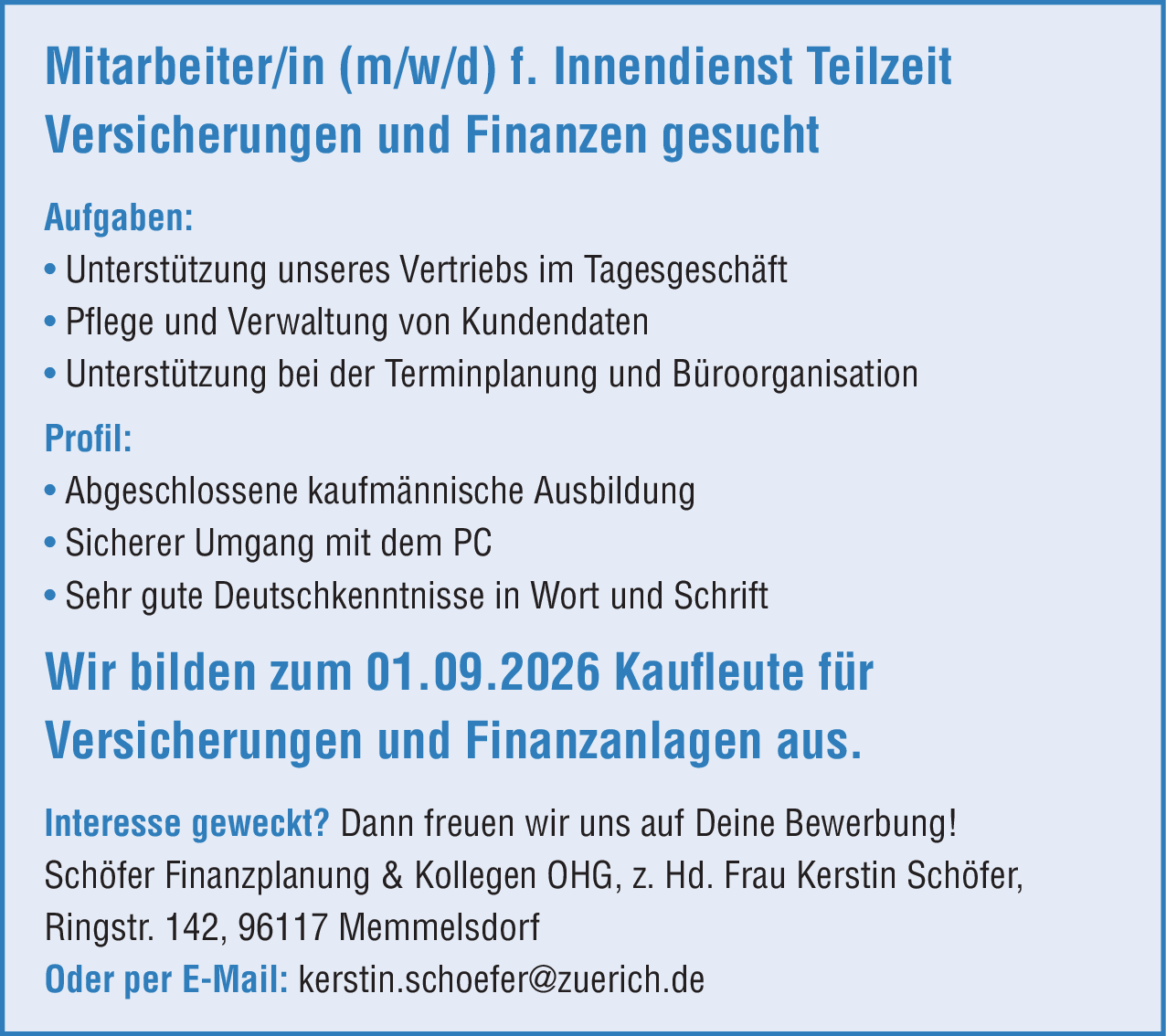 Mitarbeiter/in (m/w/d) für Innendienst Teilzeit Versicherungen und Finanzen