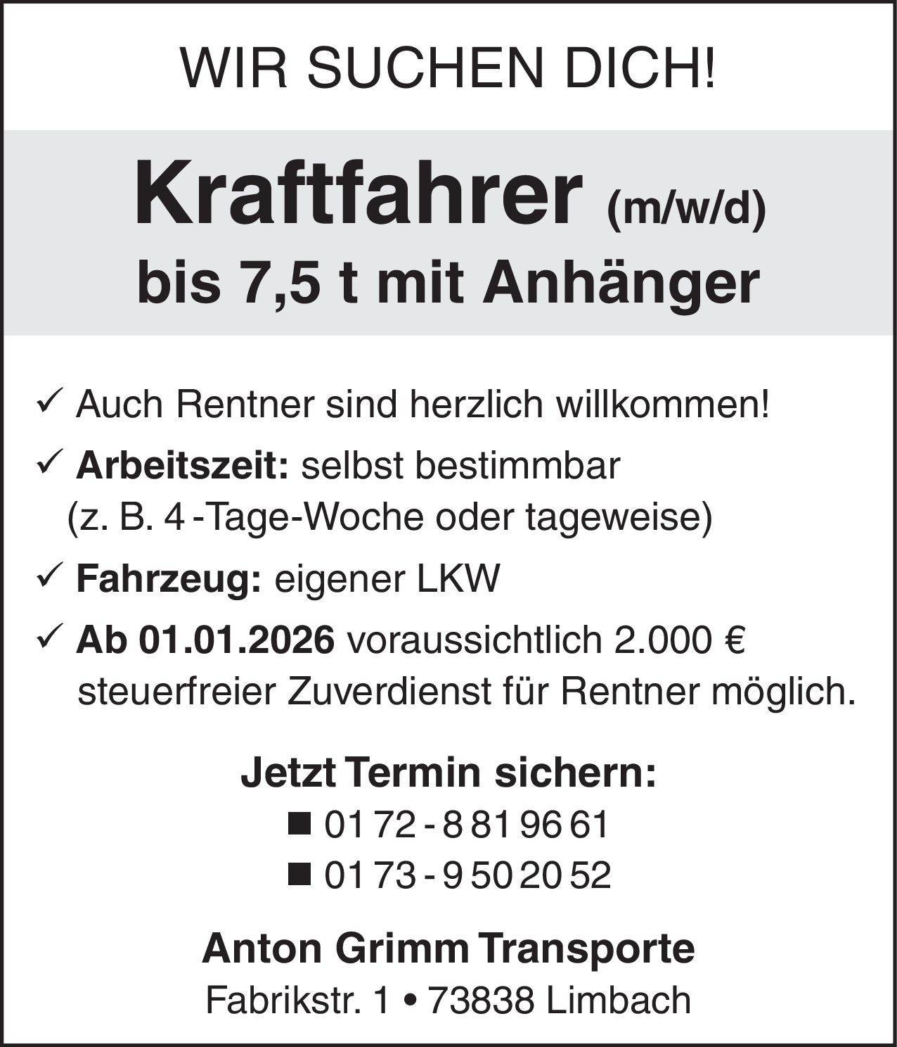 Kraftfahrer (m/w/d) bis 7,5 t mit Anhänger