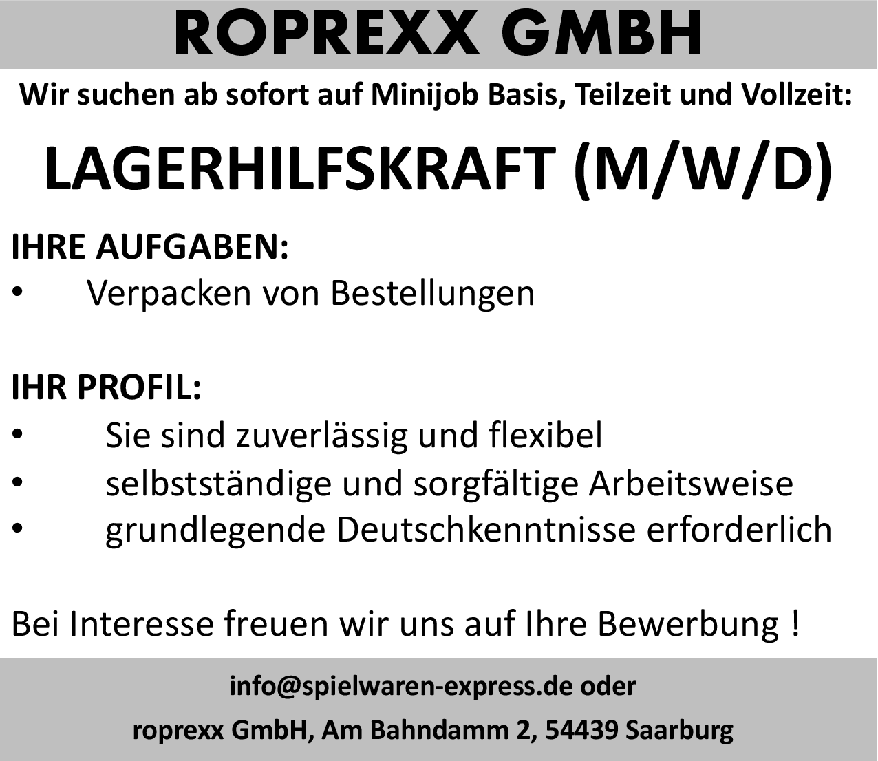 Lagerhilfskraft (m/w/d)