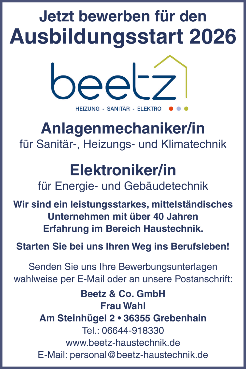 Anlagenmechaniker/in (m/w/d) für Sanitär-, Heizungs- und Klimatechnik