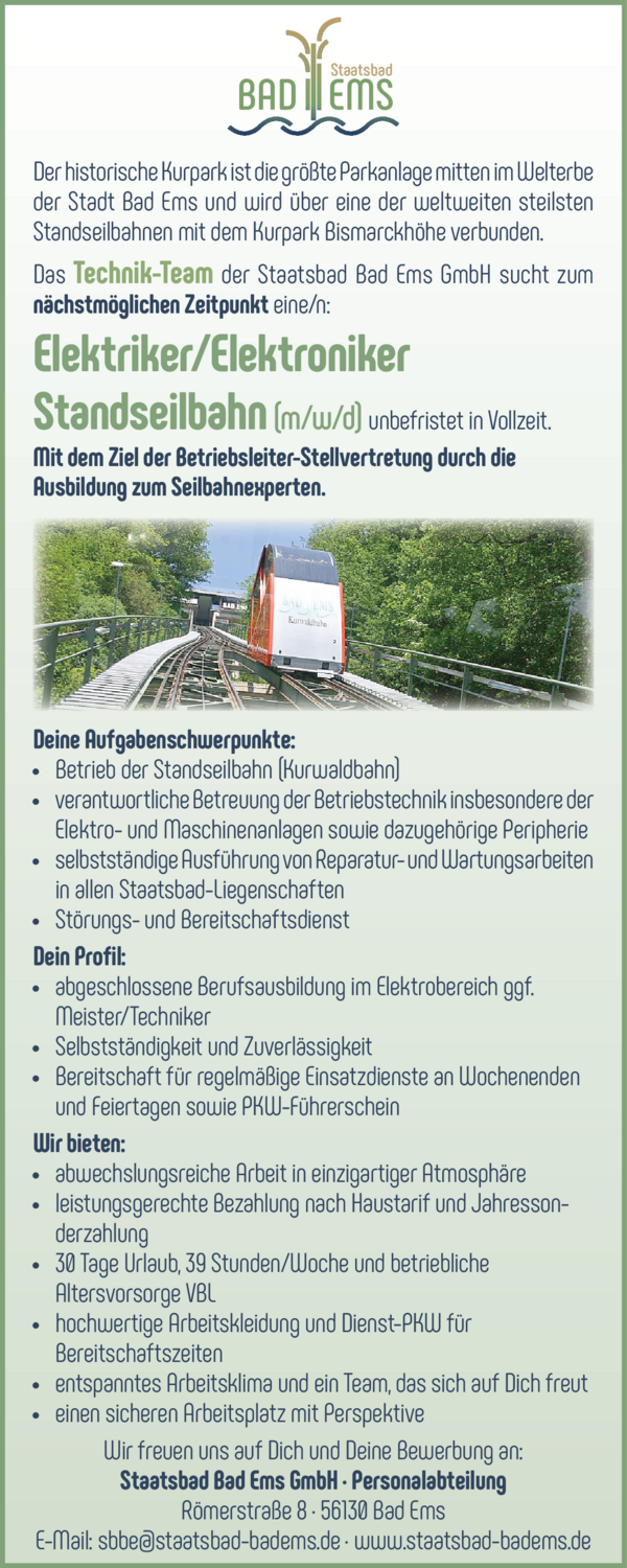 Elektroniker Standseilbahn (m/w/d)