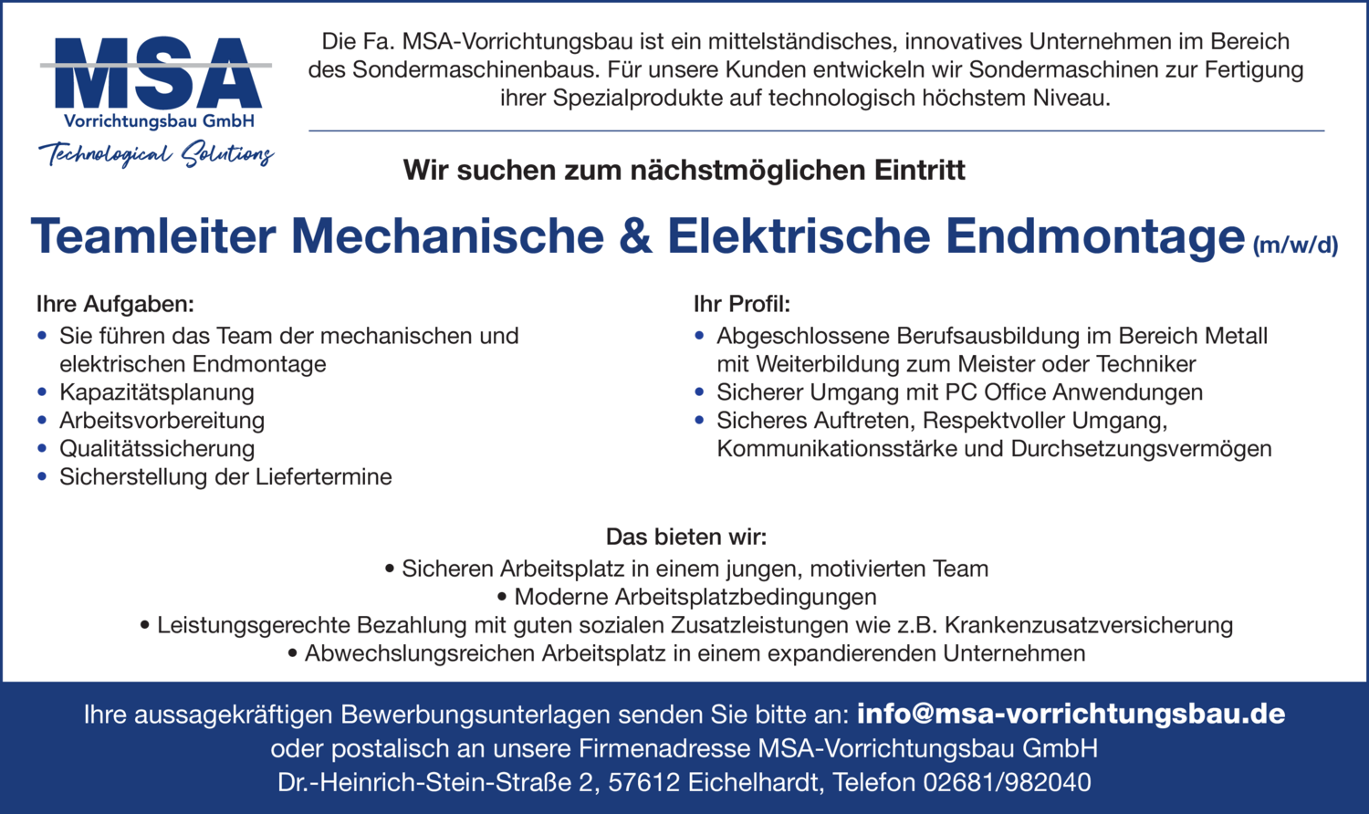 Teamleiter Mechanische & Elektrische Endmontage (m/w/d)