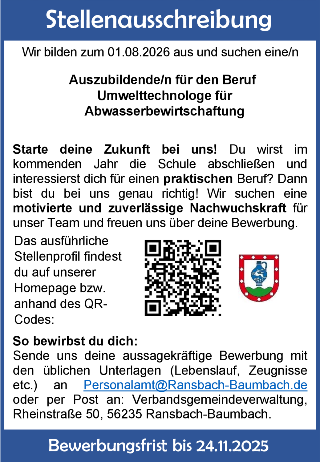 Auszubildende/n für den Beruf Umwelttechnologe für Abwasserbewirtschaftung