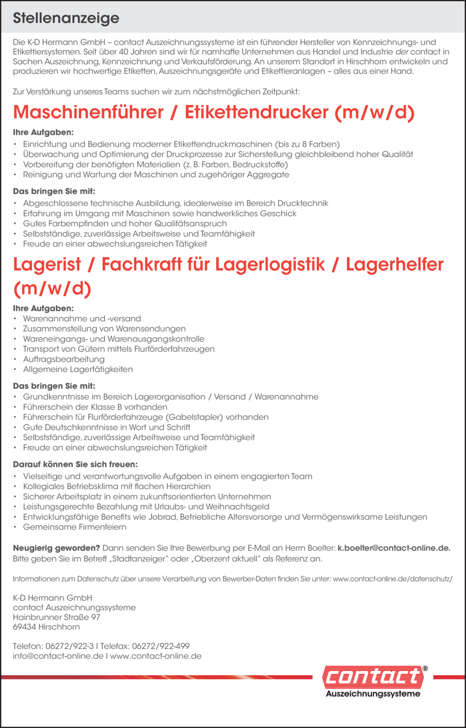 Lagerist / Fachkraft für Lagerlogistik / Lagerhelfer (m/w/d)