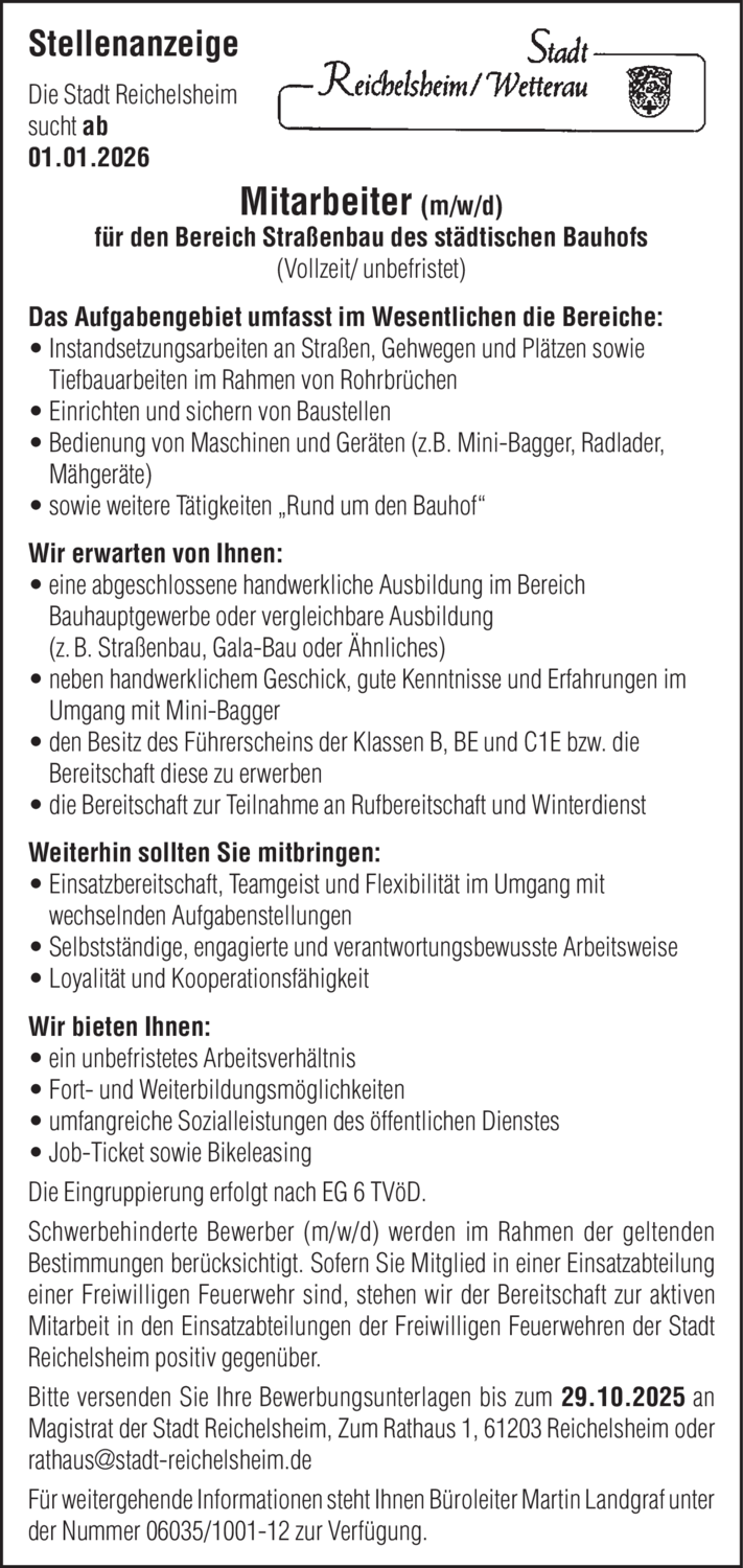 Mitarbeiter (m/w/d) für den Bereich Straßenbau des städtischen Bauhofs