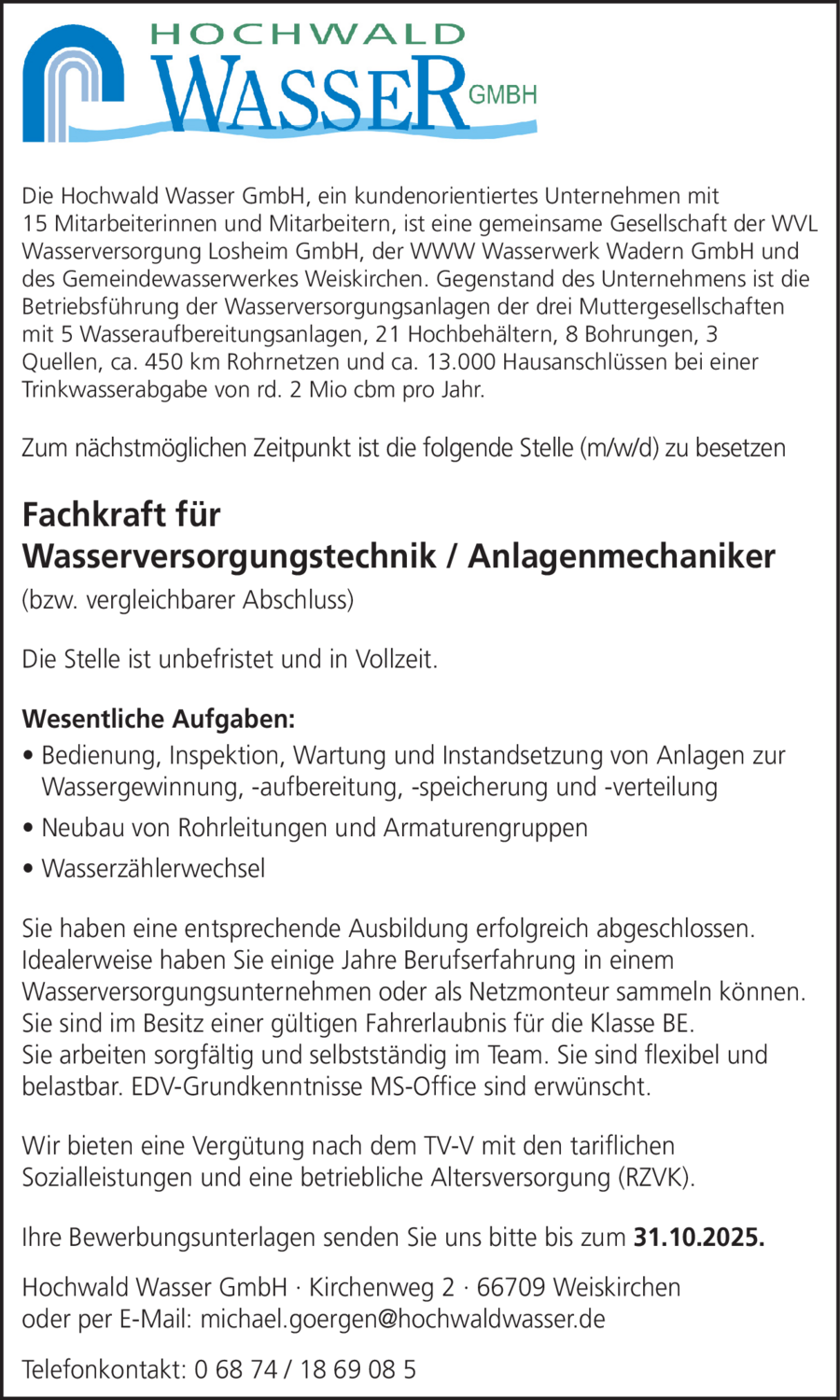 Fachkraft für Wasserversorgungstechnik (m/w/d)