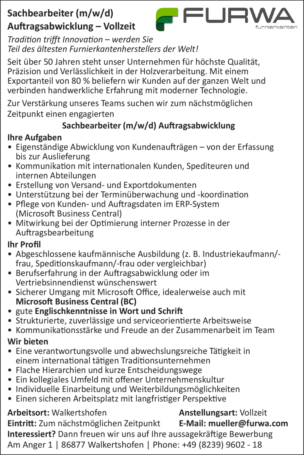Sachbearbeiter (m/w/d) Auftragsabwicklung