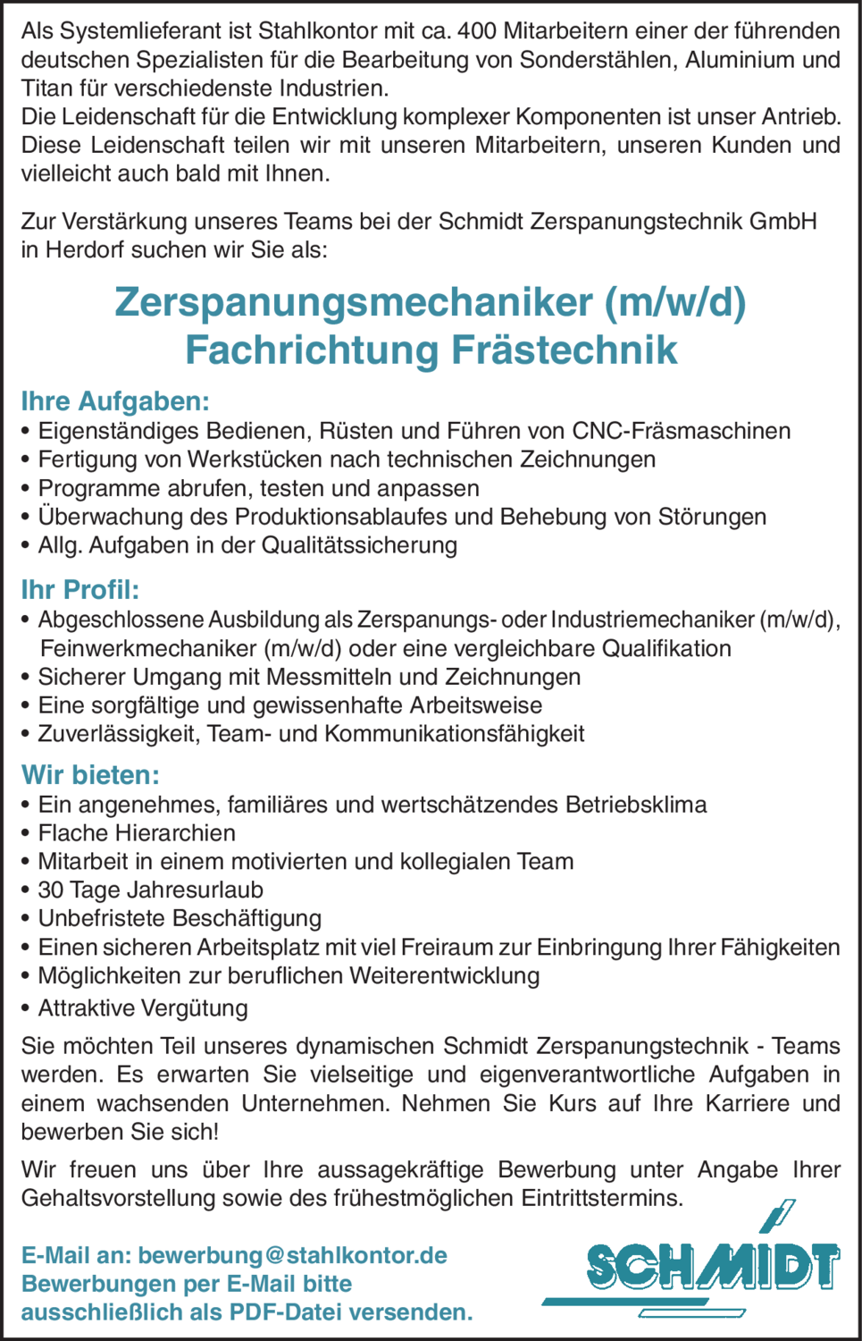 Zerspanungsmechaniker (m/w/d) Fachrichtung Frästechnik