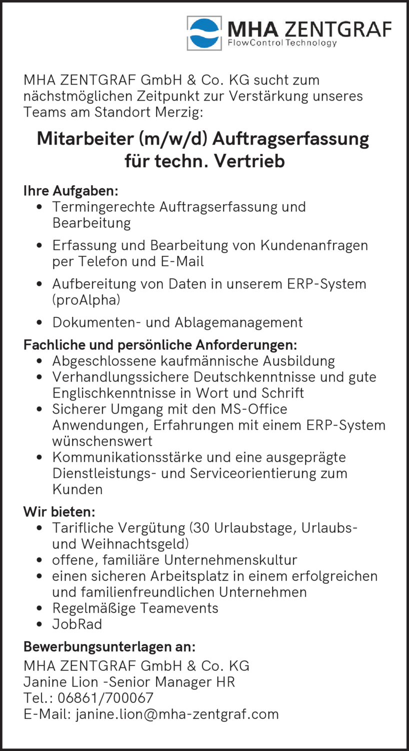 Mitarbeiter (m/w/d) Auftragserfassung für techn. Vertrieb