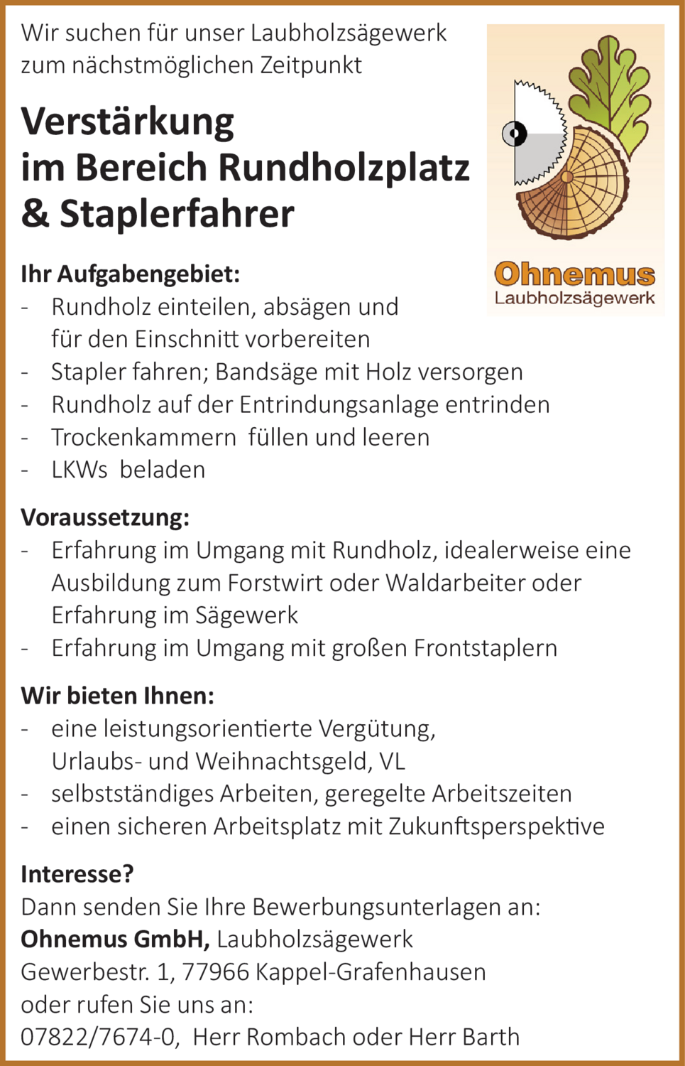Verstärkung im Bereich Rundholzplatz (m/w/d)
