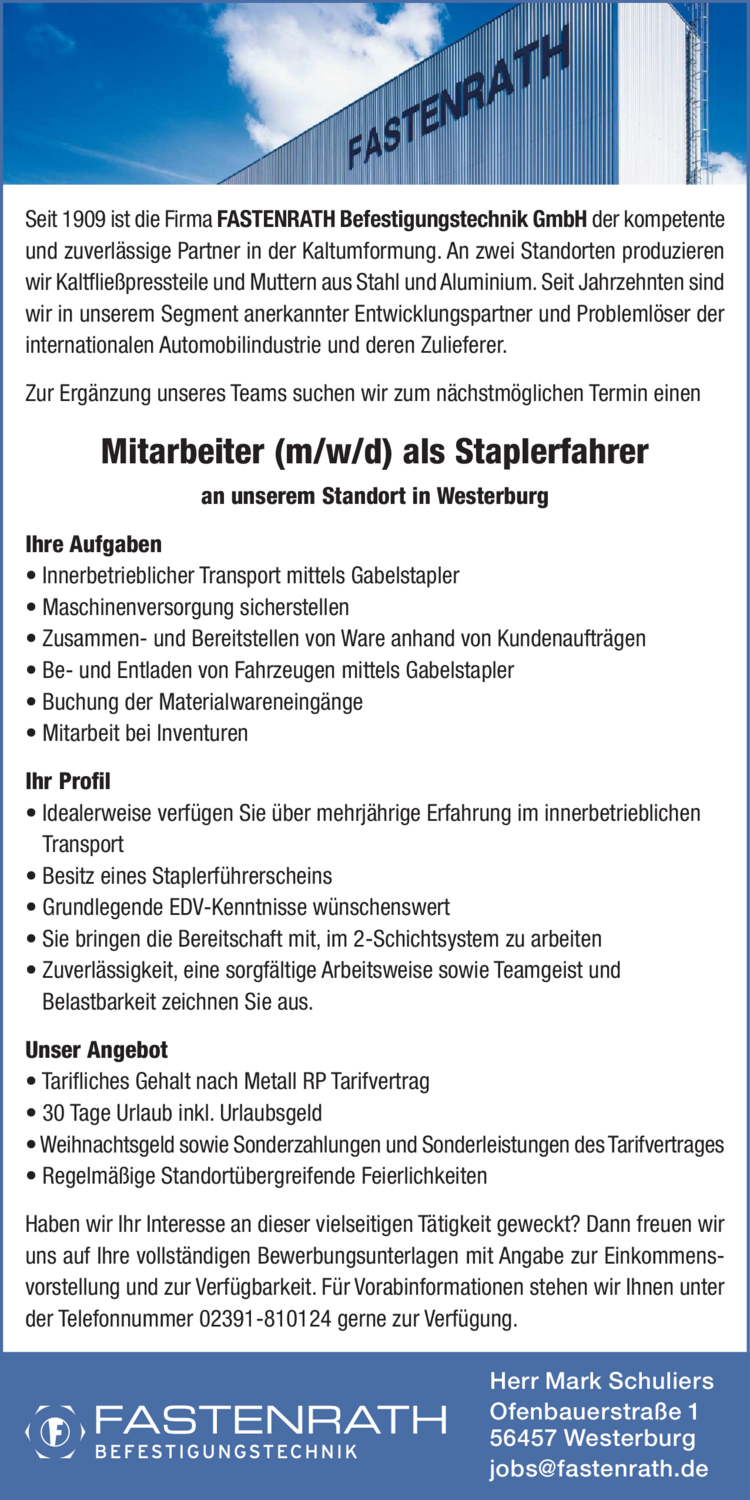 Mitarbeiter (m/w/d) als Staplerfahrer